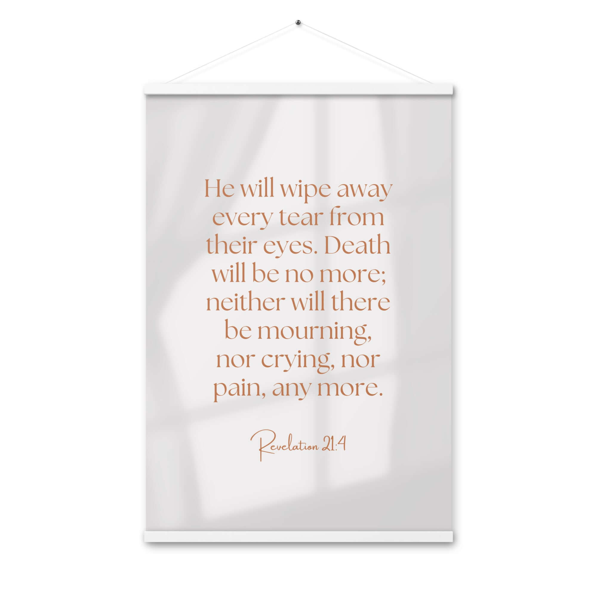 Revelation 21:4 Bible Verse, He will wipe Enhanced Matte Paper Poster With Hanger Wall Art White 24″×36″