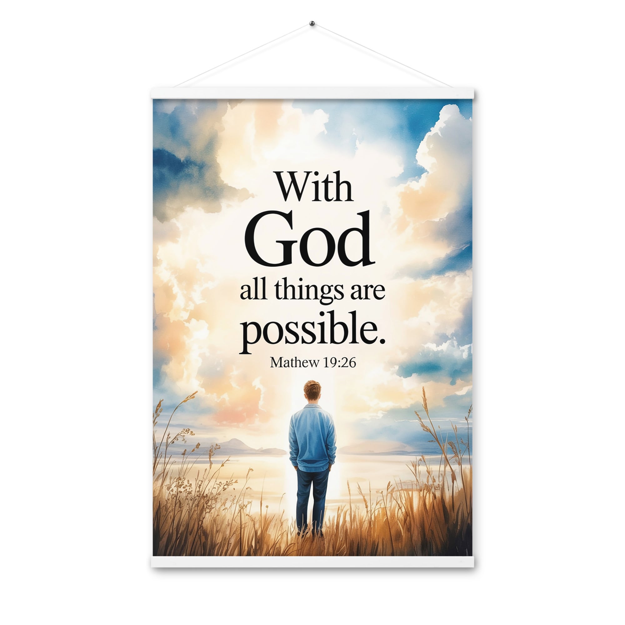 Matthew 19:26 Bible Verse Jesus Enhanced Matte Paper Poster With Hanger White 24″×36″