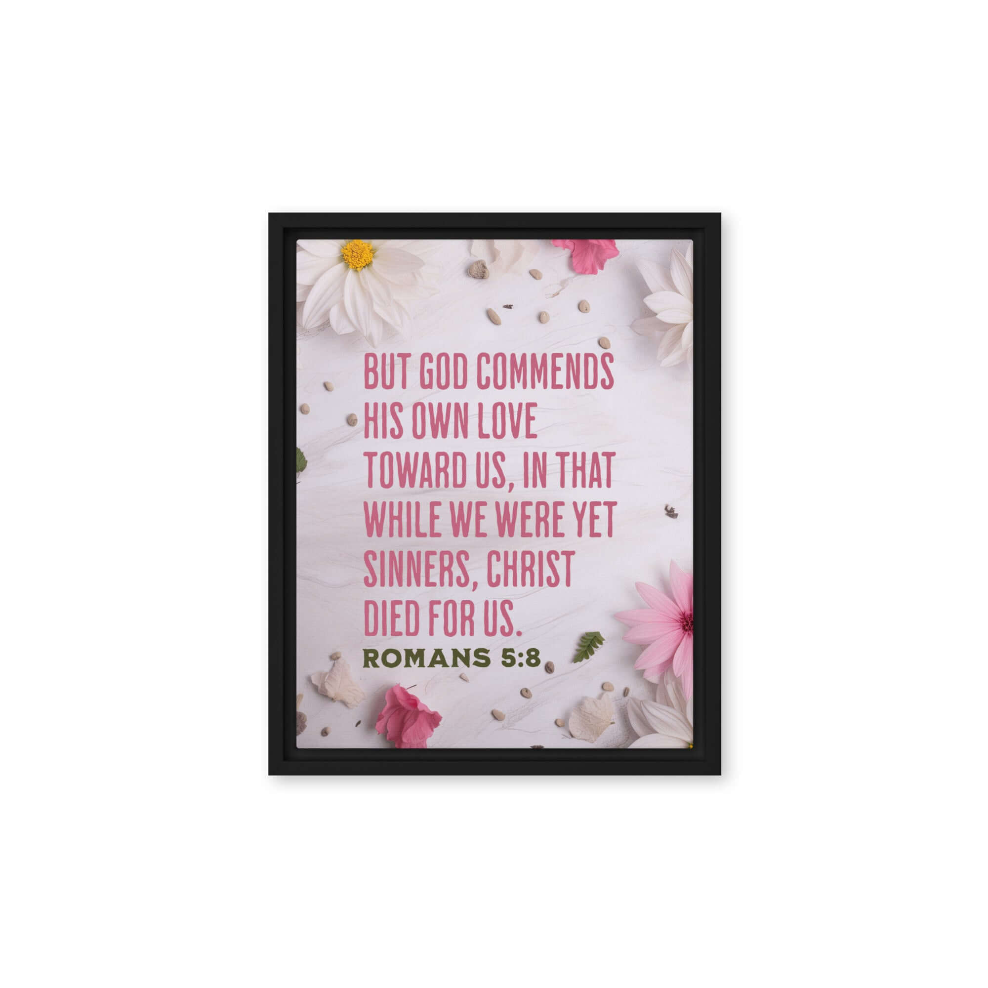 Romans 5:8 Bible Verse, Christ Died for Us Framed Canvas Print Wall Art Black 11″×14″
