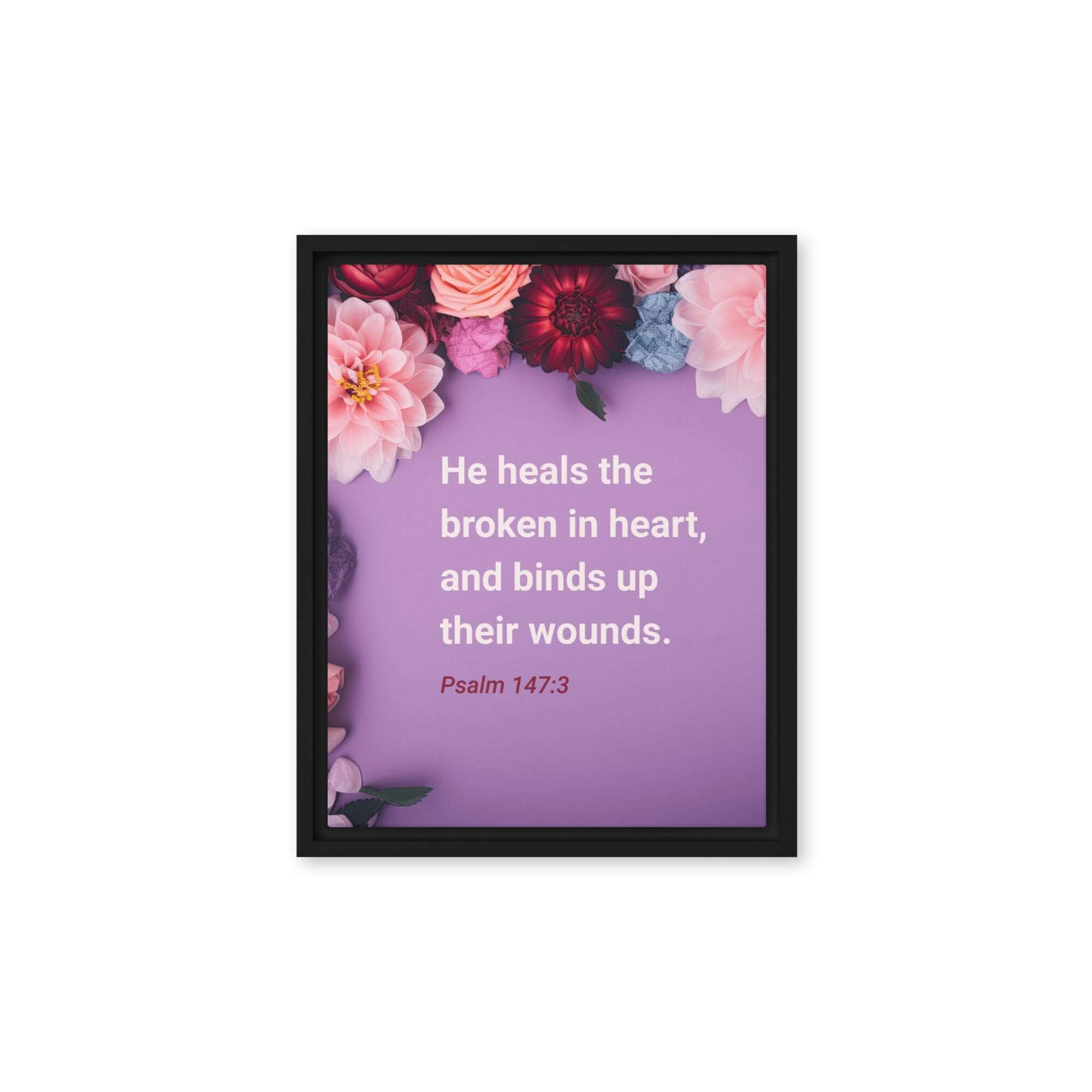 Psalm 147:3 Bible Verse, He heals the broken Framed Canvas Print Wall Art Black 11″×14″