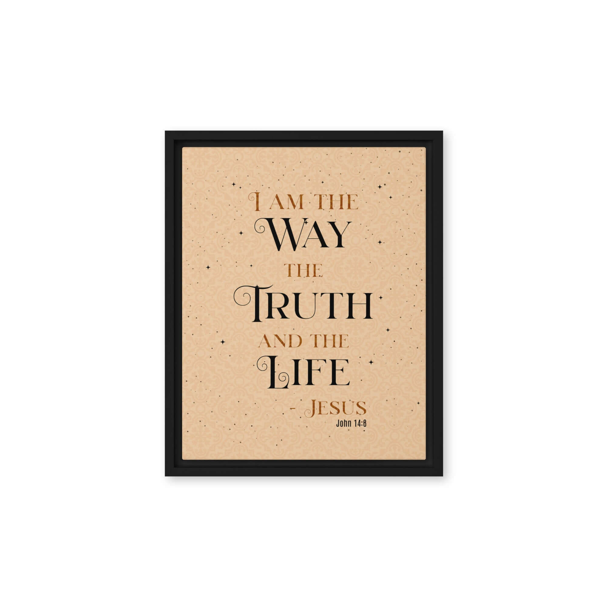 John 14:6 Bible Verse, Color Text Brown Background Framed Canvas Print Wall Art Black 11″×14″