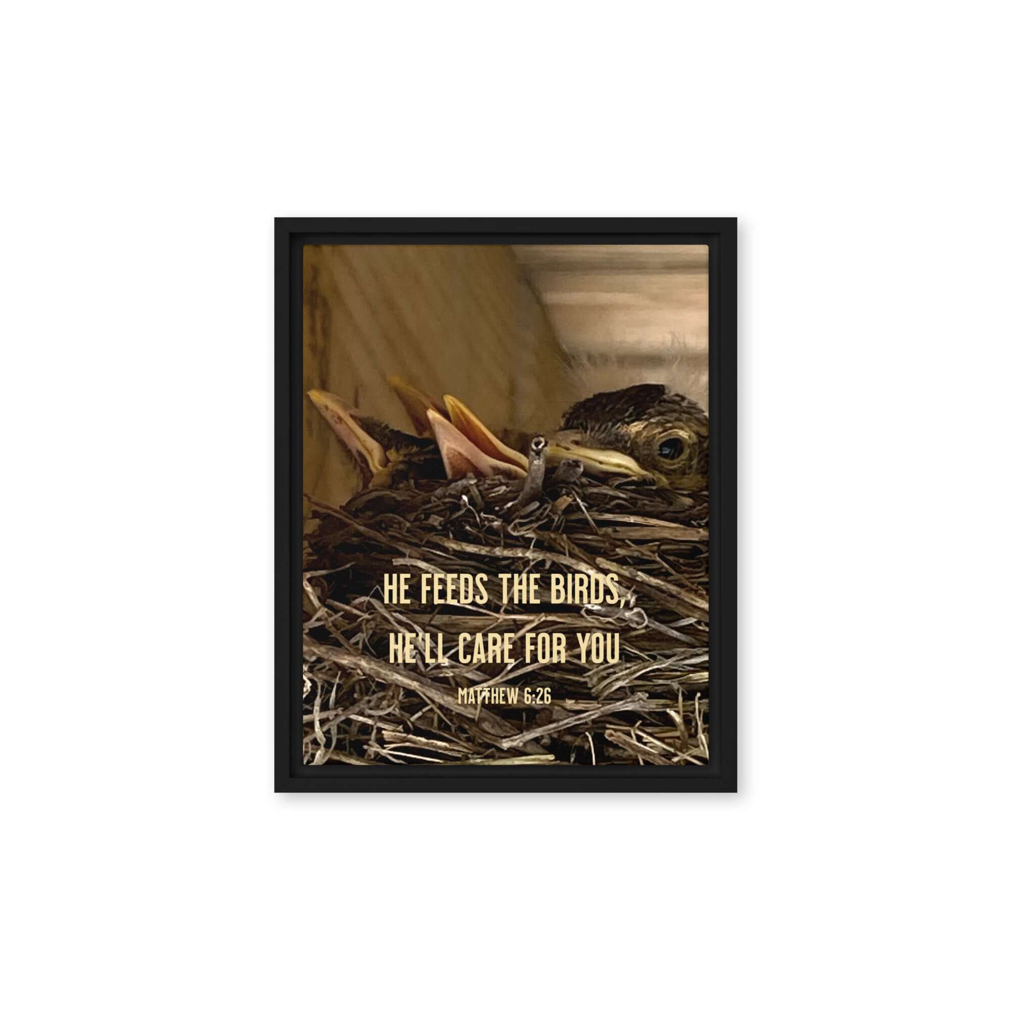 Matthew 6:26 Baby Robins, He'll Care for You Framed Canvas Print Wall Art Black 11″×14″