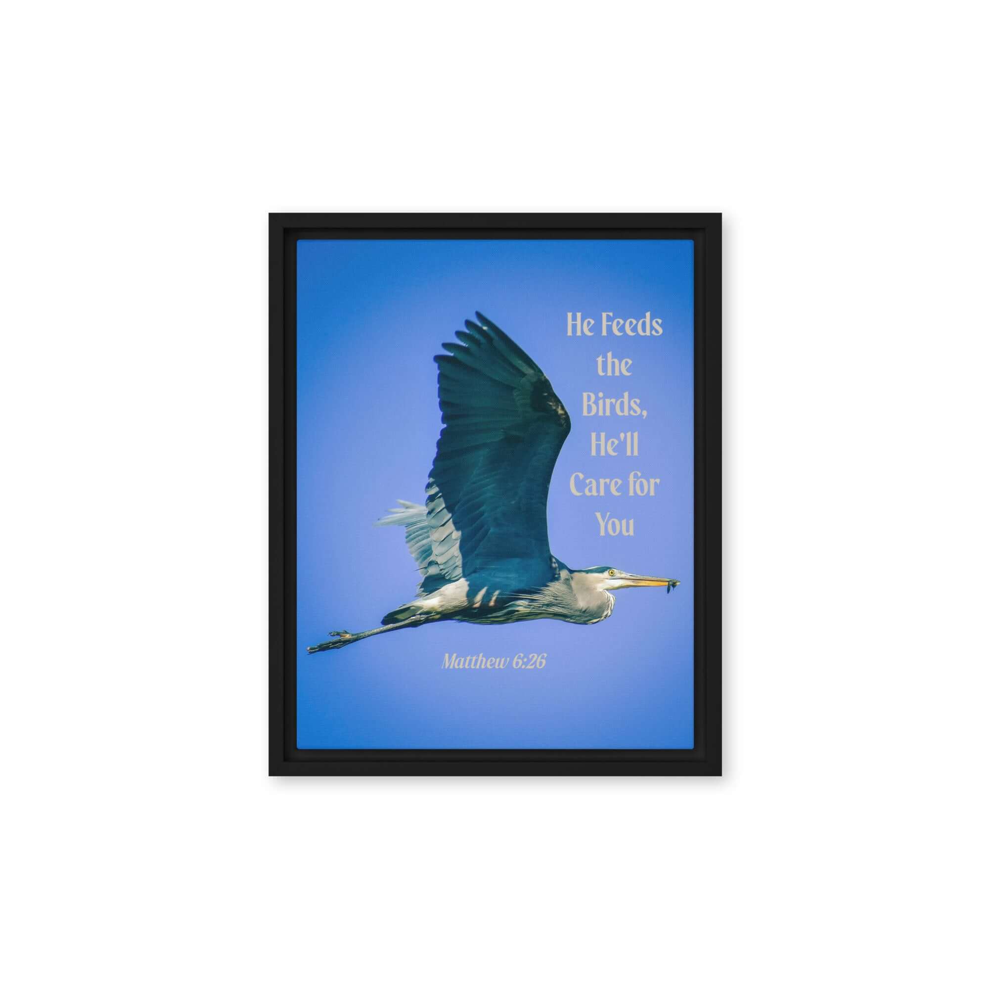 Matthew 6:26 Graceful Heron, He'll Care for You Framed Canvas Print Wall Art Black 11″×14″