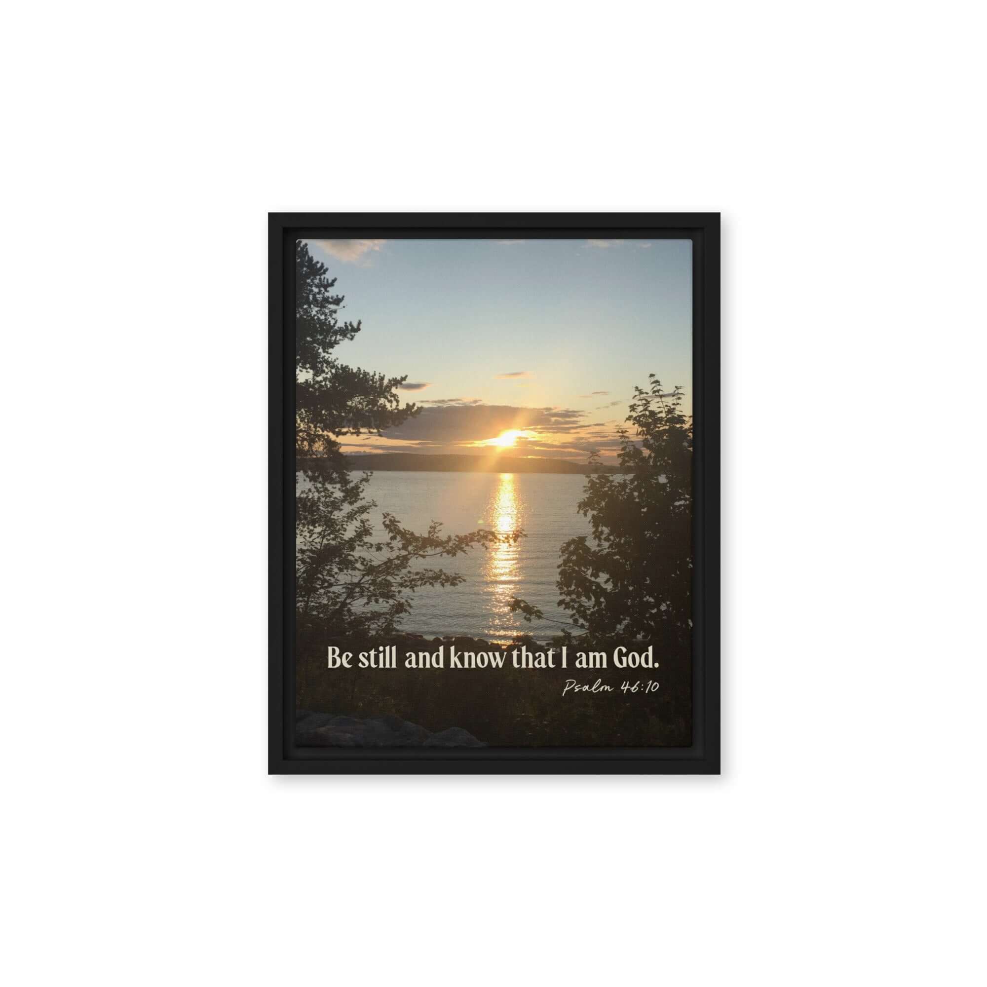 Psalm 46:10 Bible Verse, Sunset Glory Framed Canvas Print Wall Art Black 11″×14″