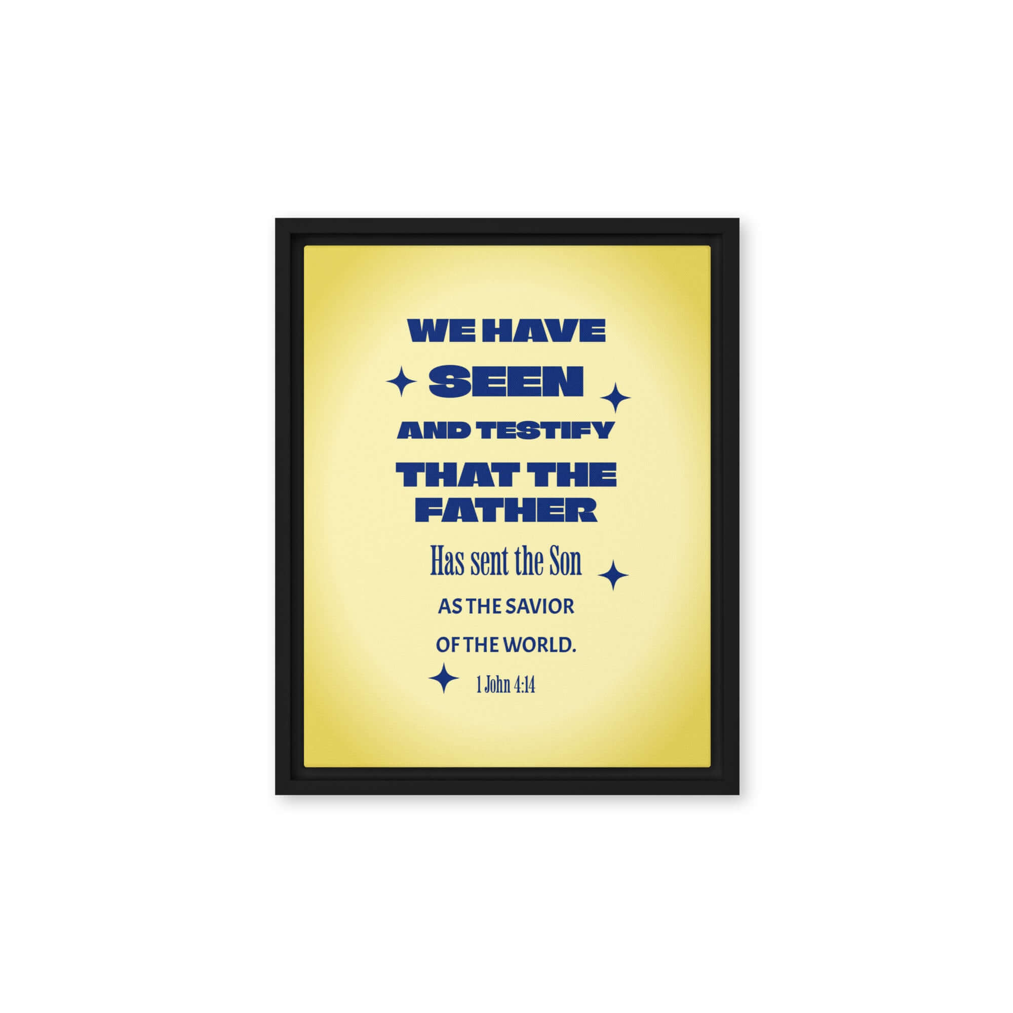 1 John 4:14 Bible Verse, Savior of the world Framed Canvas Print Wall Art Black 11″×14″