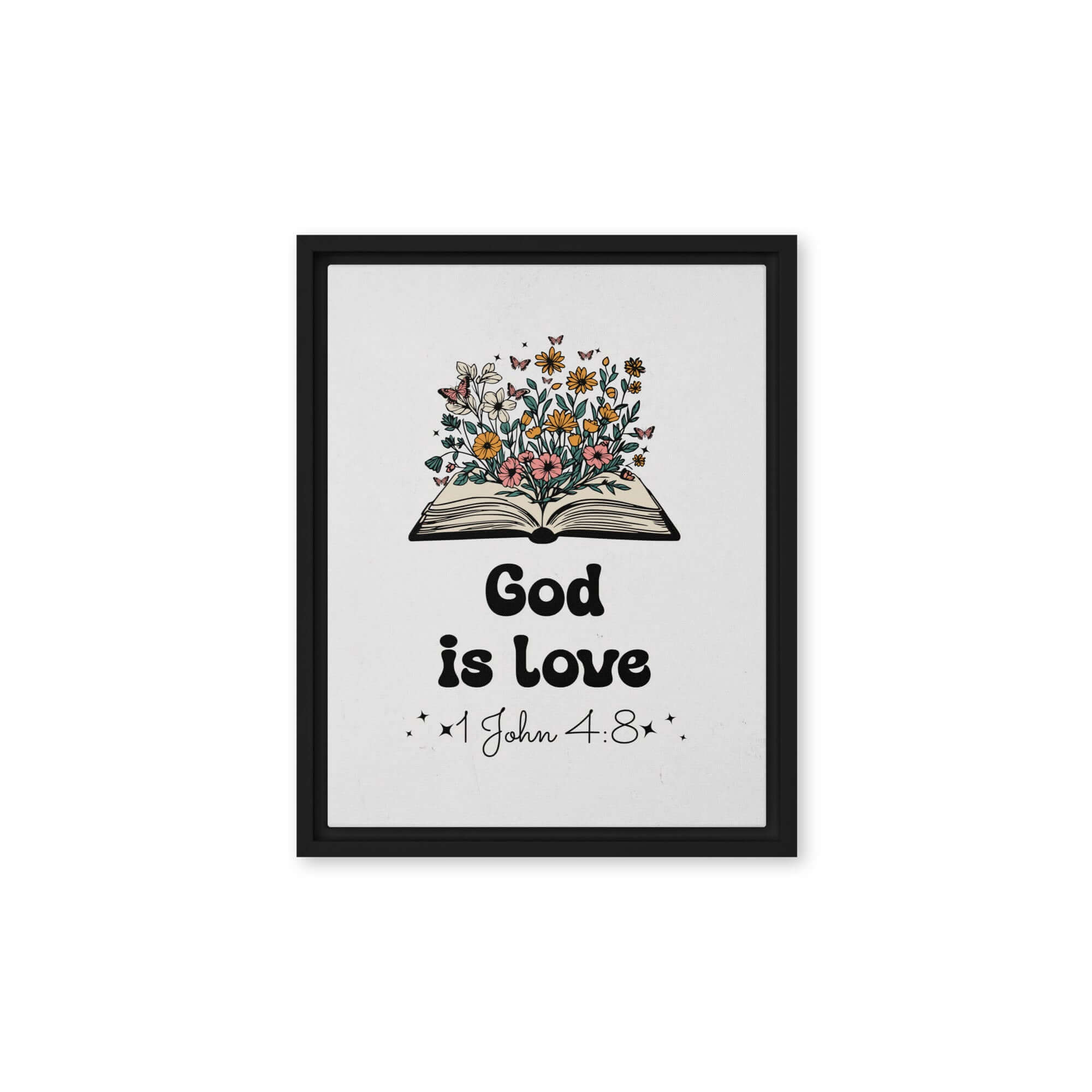 1 John 4:8 Bible Verse, God is Love Framed Canvas Print Wall Art Black 11″×14″