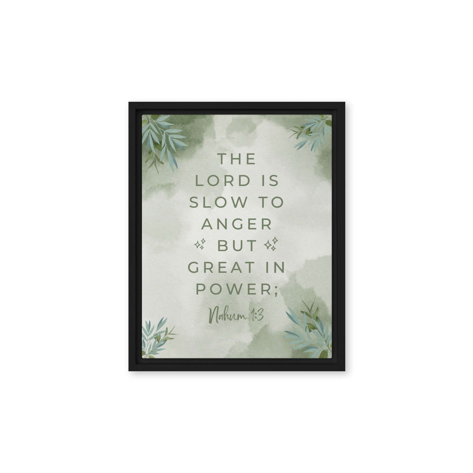 Nahum 1:3 Bible Verse, The Lord is slow Framed Canvas Print Wall Art Black 11″×14″