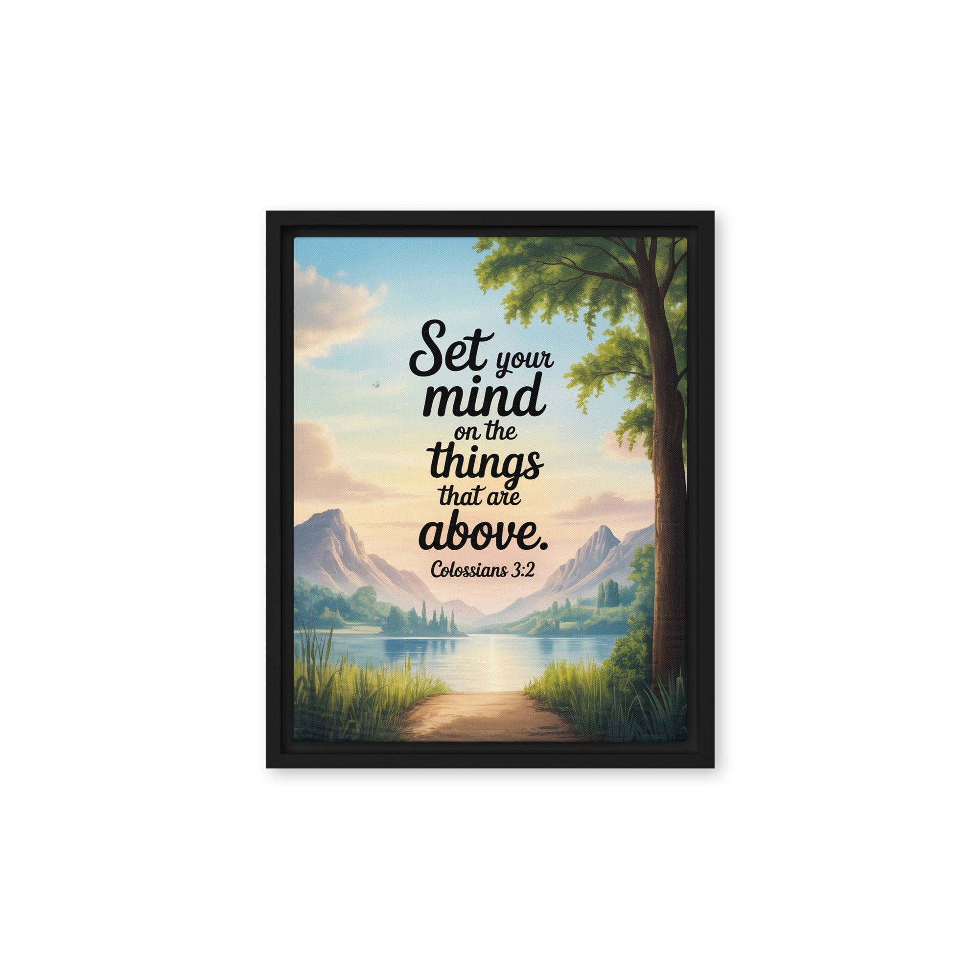 Colossians 3:2 Bible Verse Set Framed Canvas Black 11″×14″