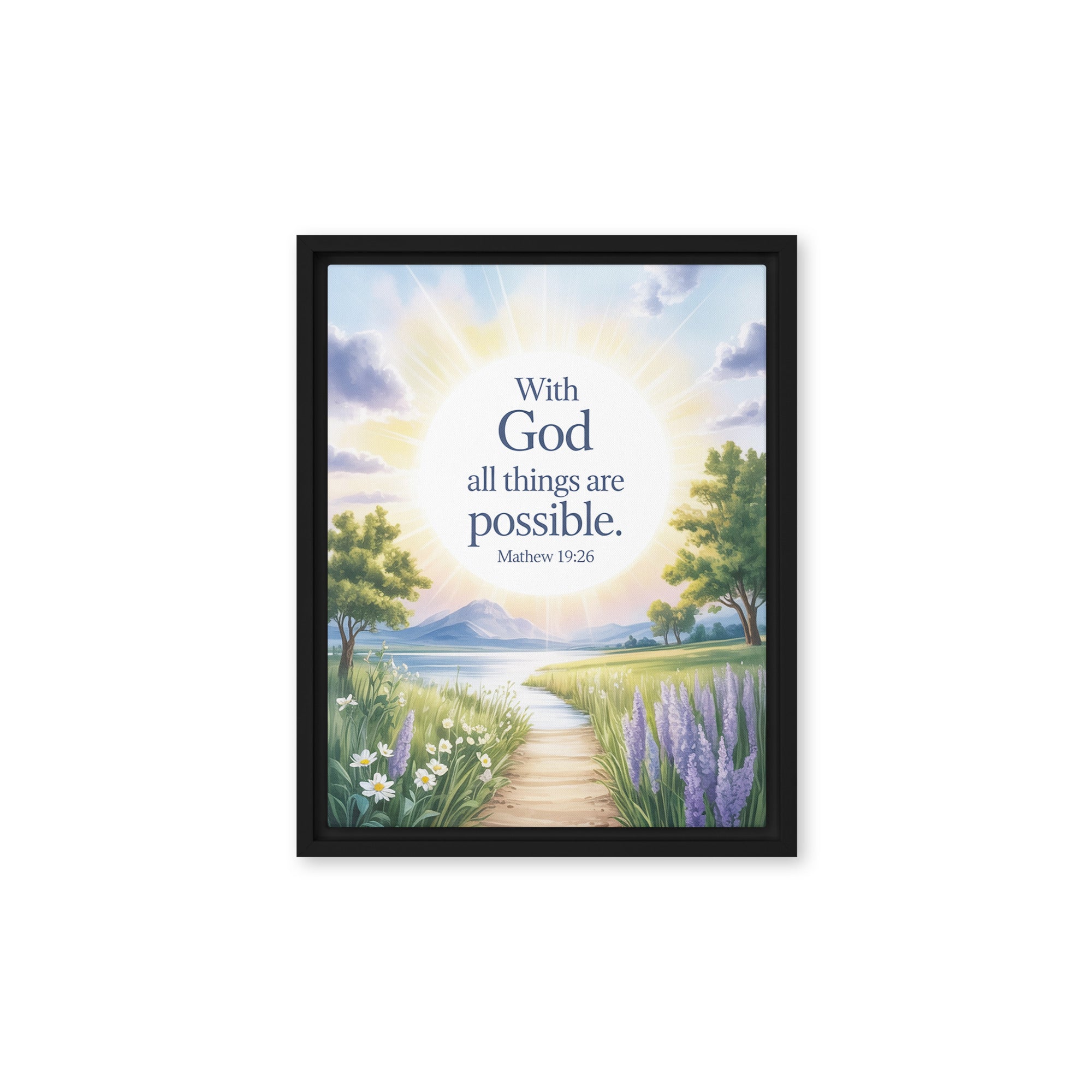 Matthew 19:26 Bible Verse Looking at Framed Canvas Black 11″×14″