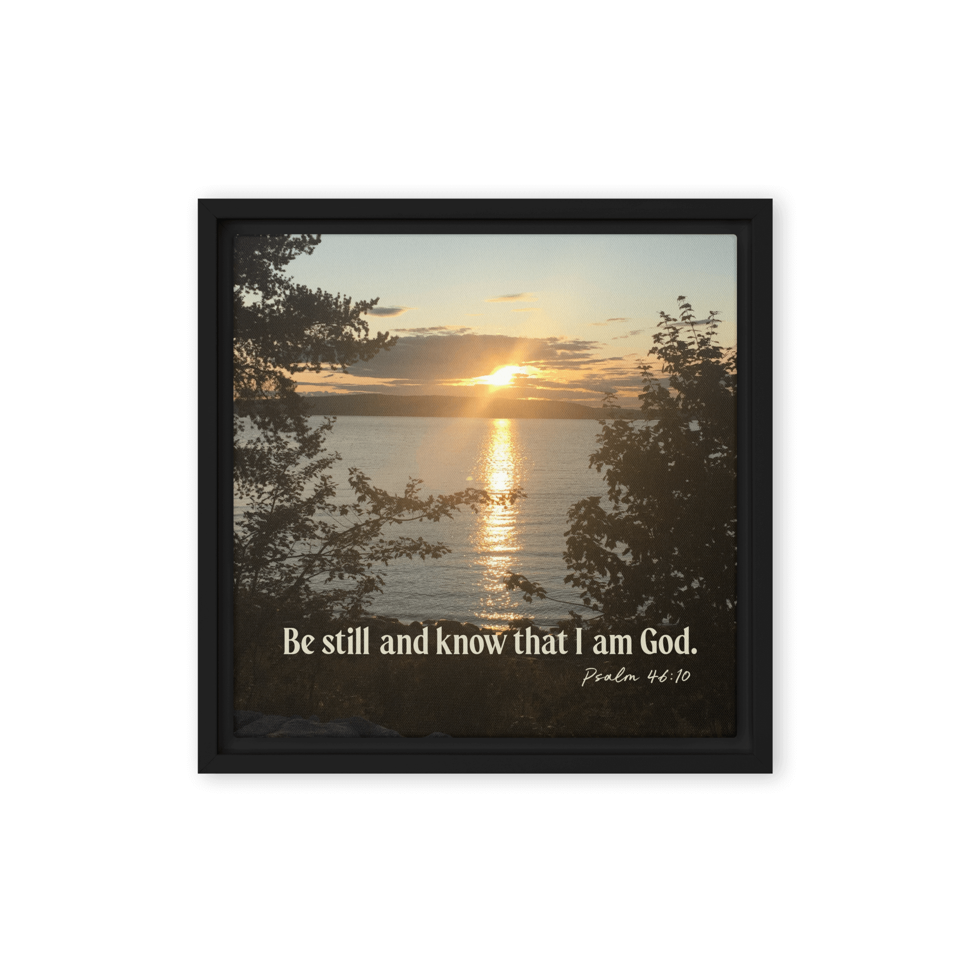 Psalm 46:10 Bible Verse, Sunset Glory Framed Canvas Print Wall Art Black 12″×12″