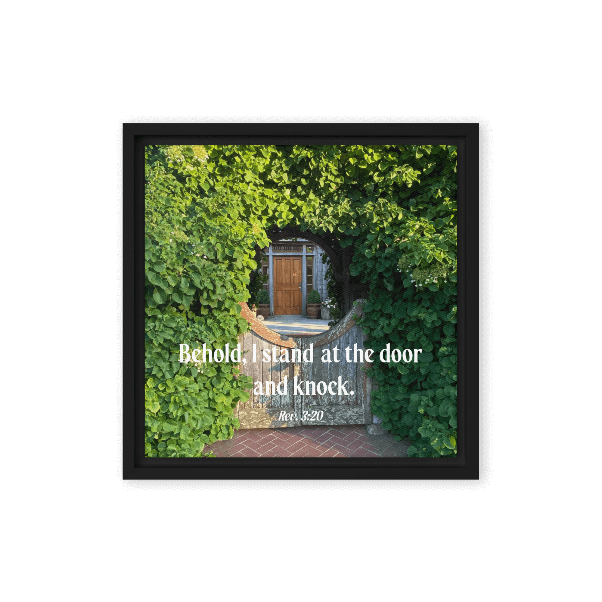 Revelation 3:20 Bible Verse, Garden Doorway Framed Canvas Print Wall Art Black 12″×12″