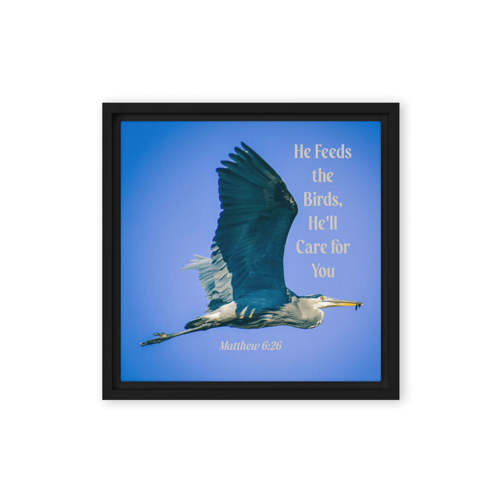 Matthew 6:26 Graceful Heron, He'll Care for You Framed Canvas Print Wall Art Black 12″×12″