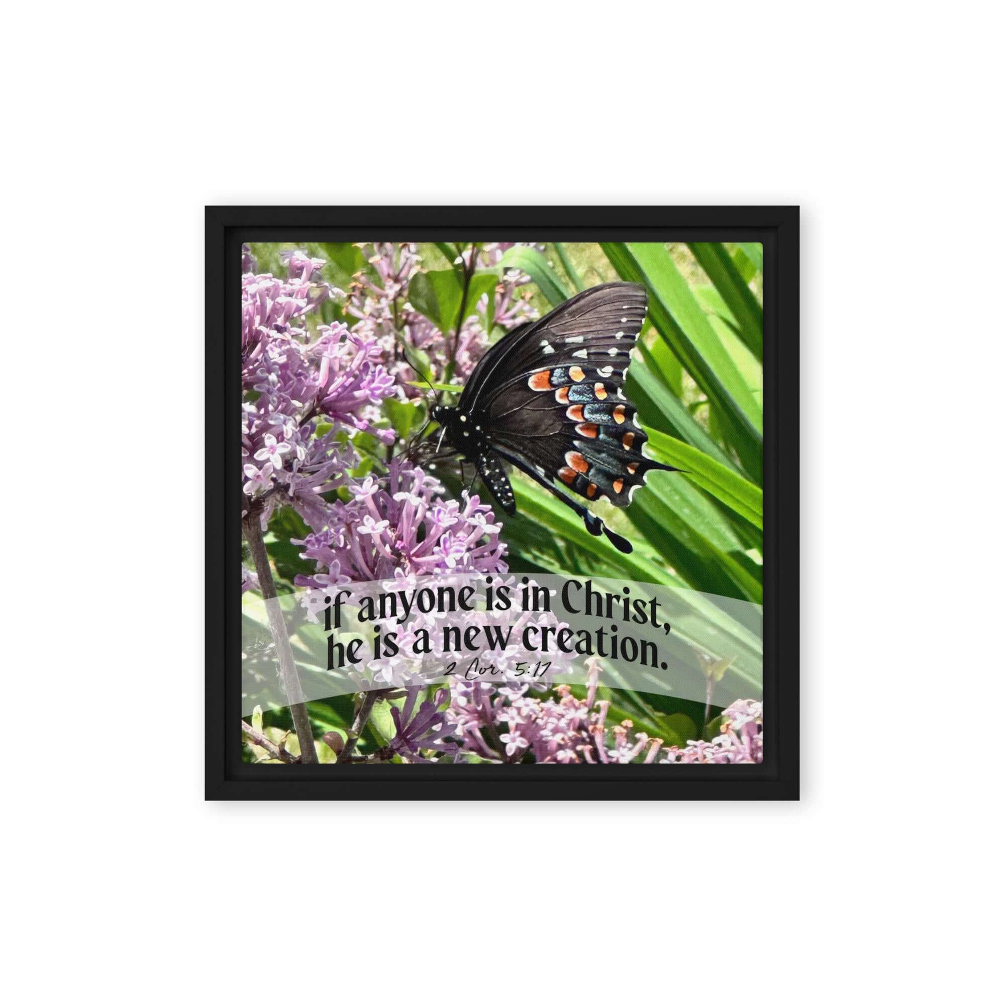2 Corinthians 5:17 Bible Verse, Butterfly Framed Canvas Print Wall Art Black 12″×12″