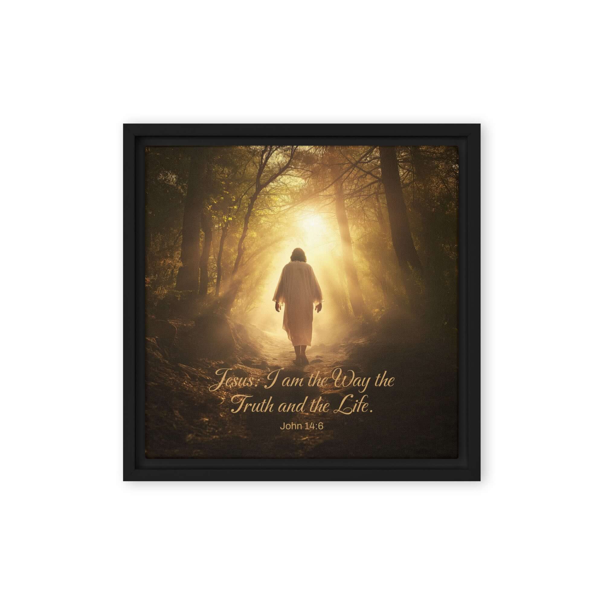 John 14:6 Bible Verse, Forest Image Framed Canvas Print Wall Art Black 12″×12″