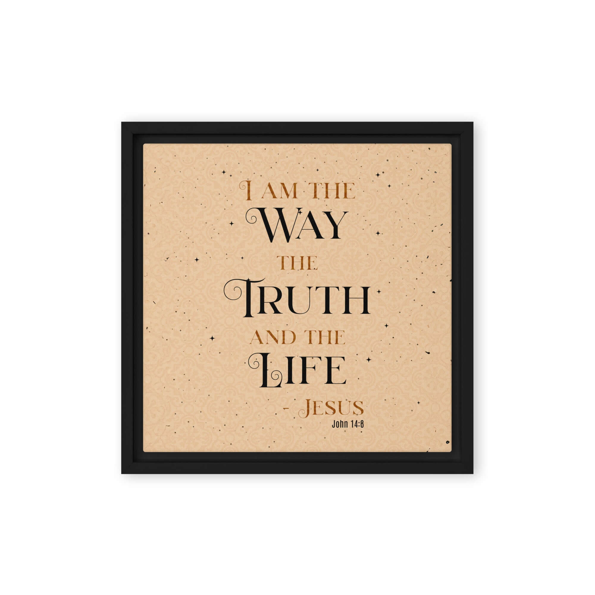John 14:6 Bible Verse, Color Text Brown Background Framed Canvas Print Wall Art Black 12″×12″
