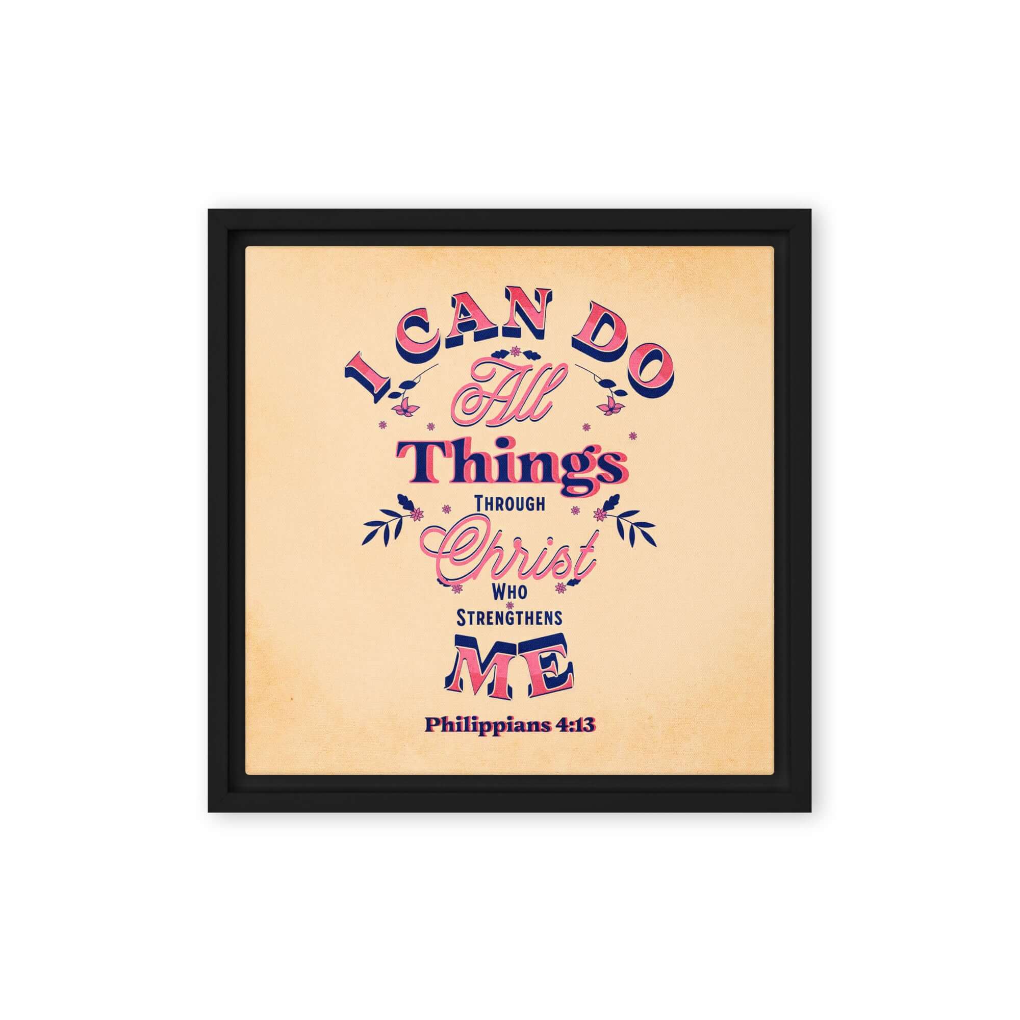 Philippians 4:13 Bible Verse, Christ Strengthens Me Framed Canvas Print Wall Art Black 12″×12″