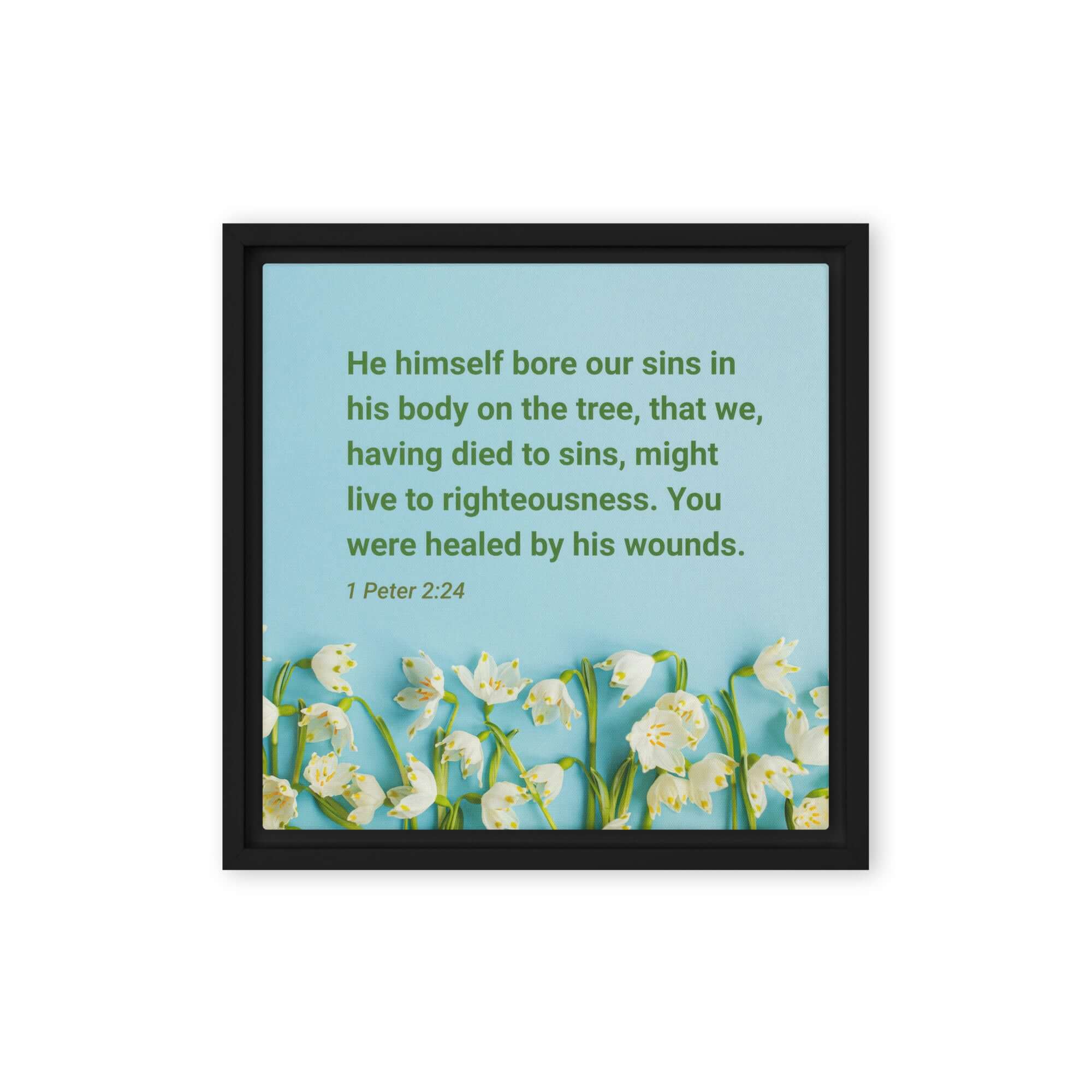 1 Peter 2:24 Bible Verse, healed by His wounds Framed Canvas Print Wall Art Black 12″×12″