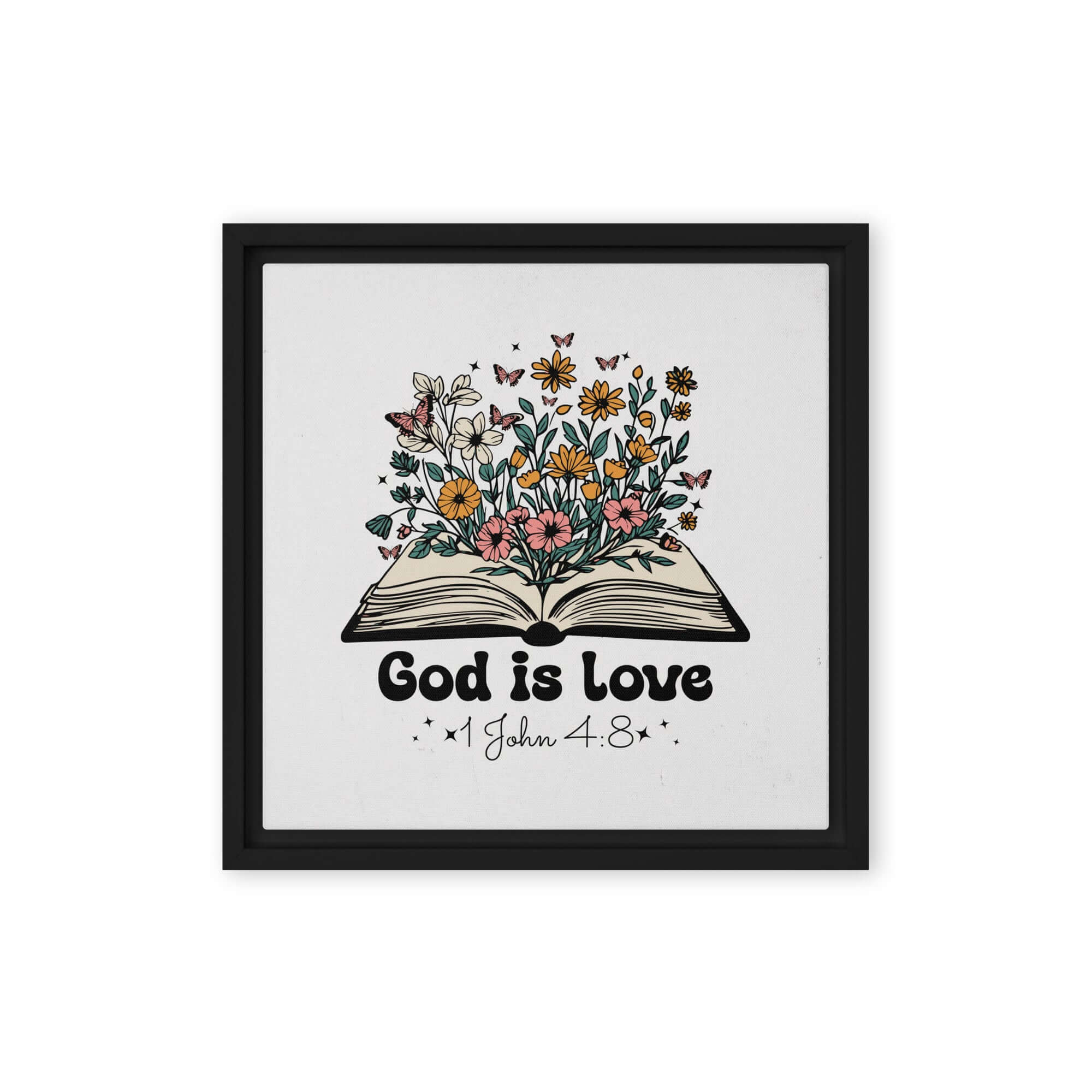 1 John 4:8 Bible Verse, God is Love Framed Canvas Print Wall Art Black 12″×12″