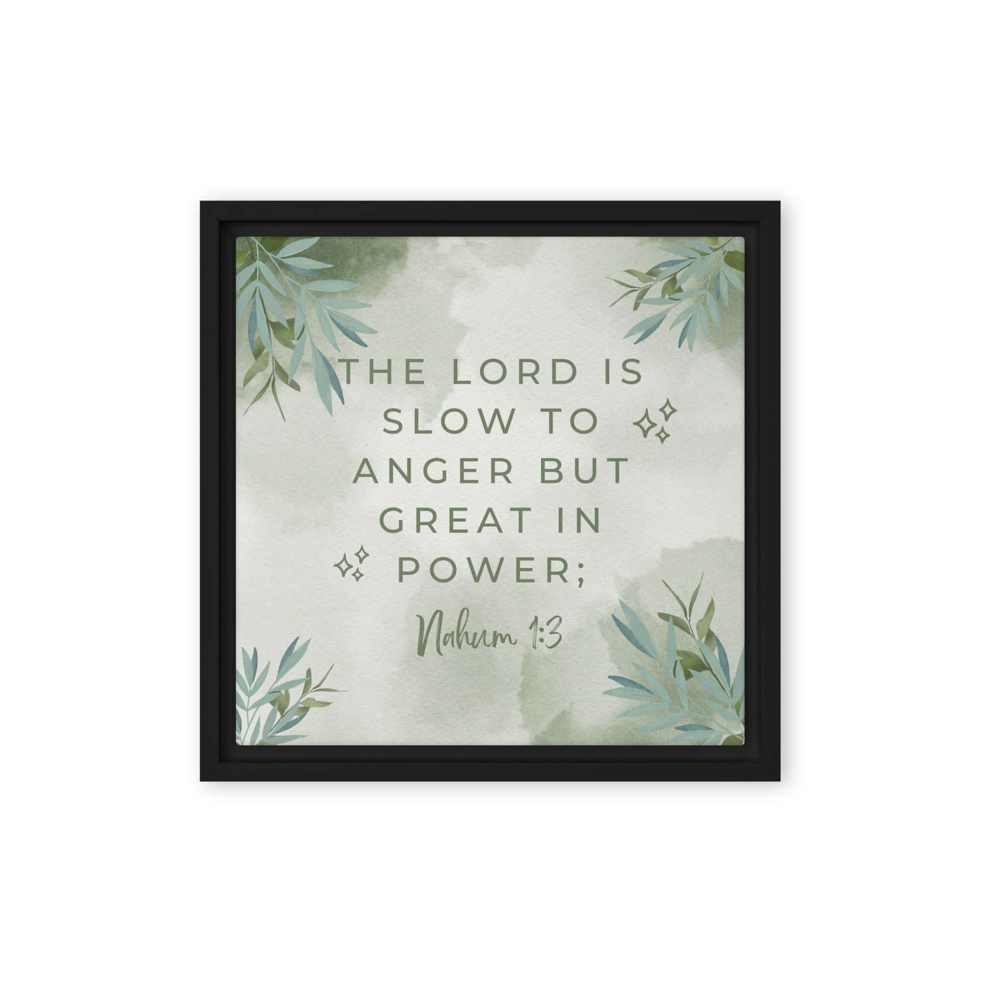 Nahum 1:3 Bible Verse, The Lord is slow Framed Canvas Print Wall Art Black 12″×12″
