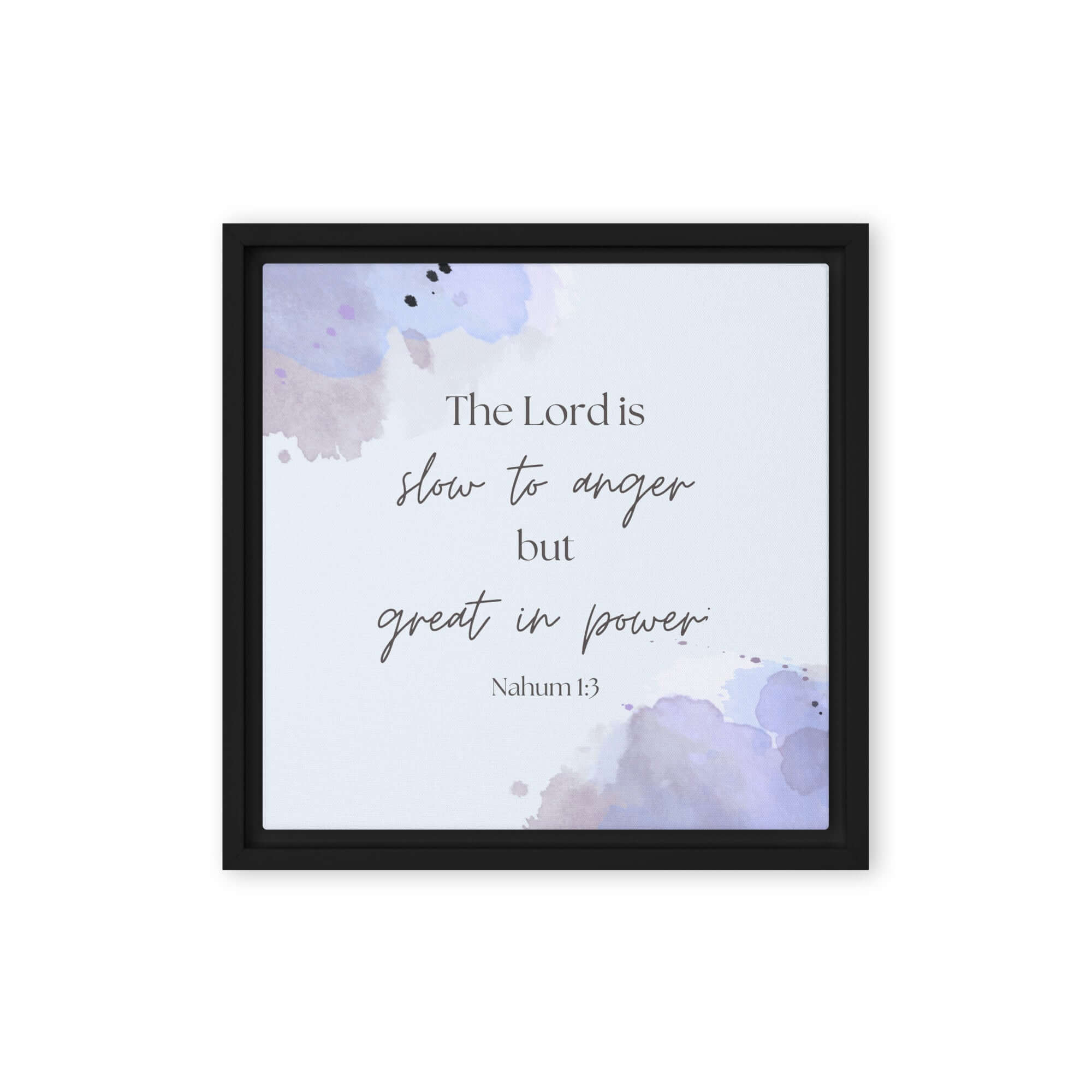 Nahum 1:3 Bible Verse, great in power Framed Canvas Print Wall Art Black 12″×12″