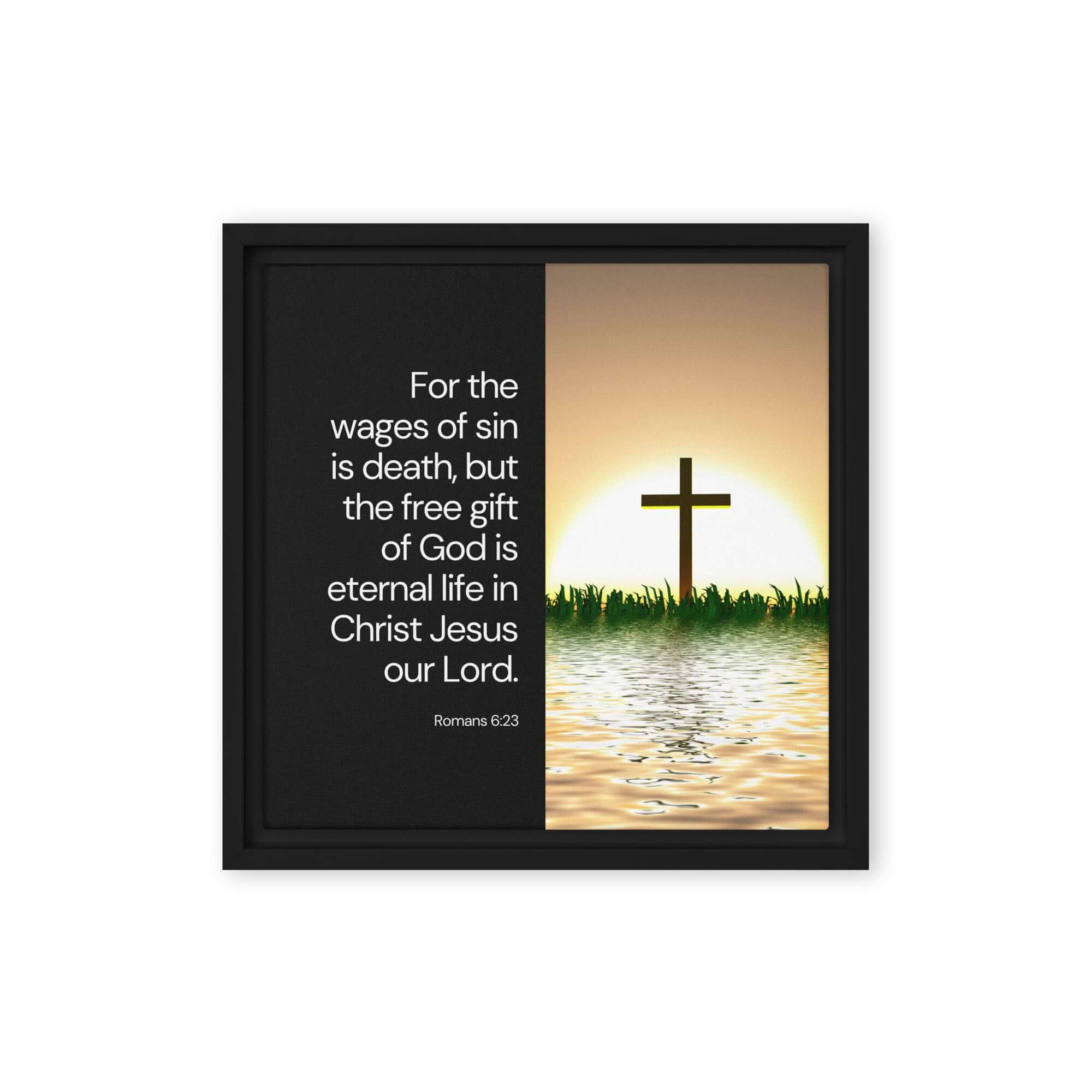 Romans 6:23 Bible Verse, the wages Framed Canvas Print Wall Art Black 12″×12″