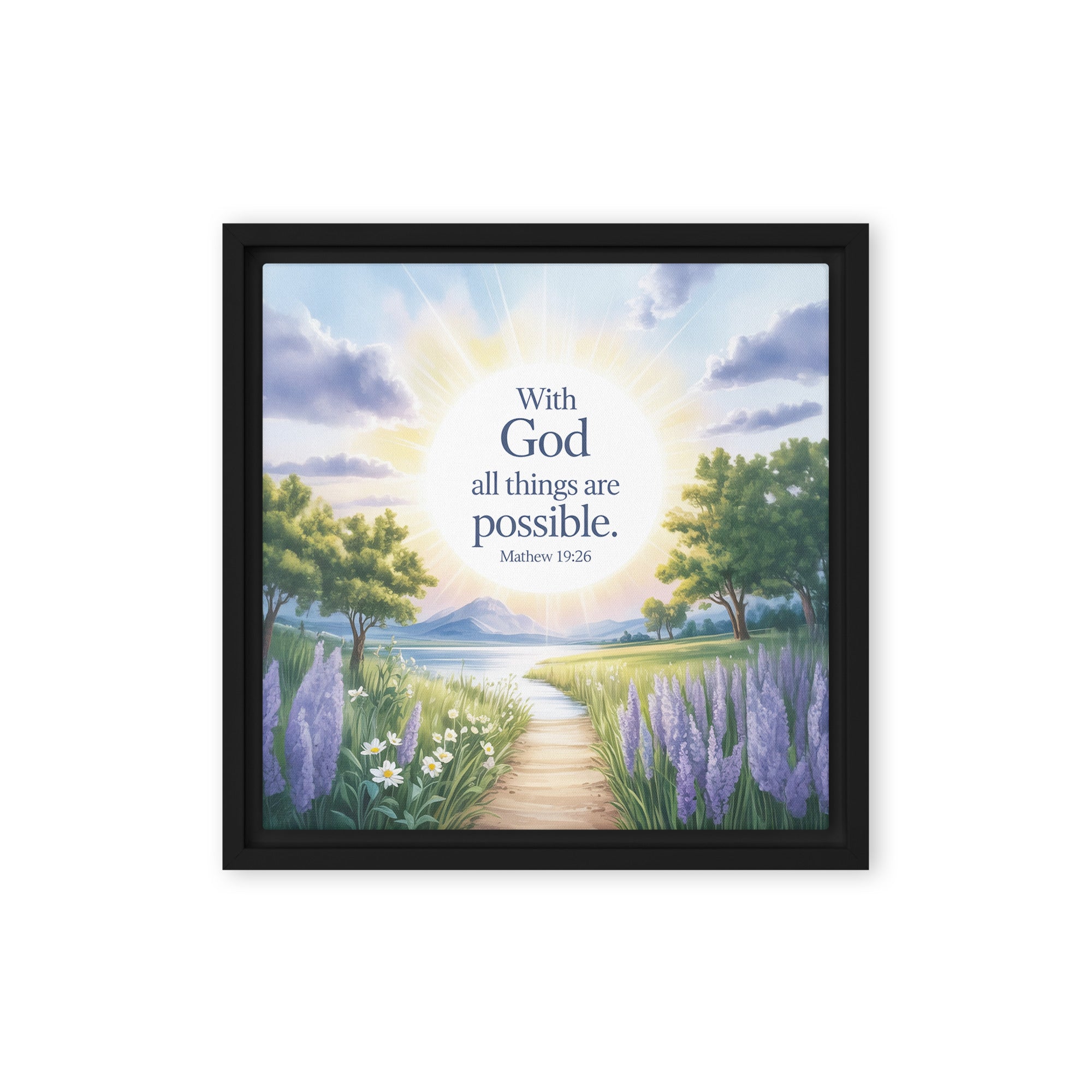 Matthew 19:26 Bible Verse Looking at Framed Canvas Black 12″×12″