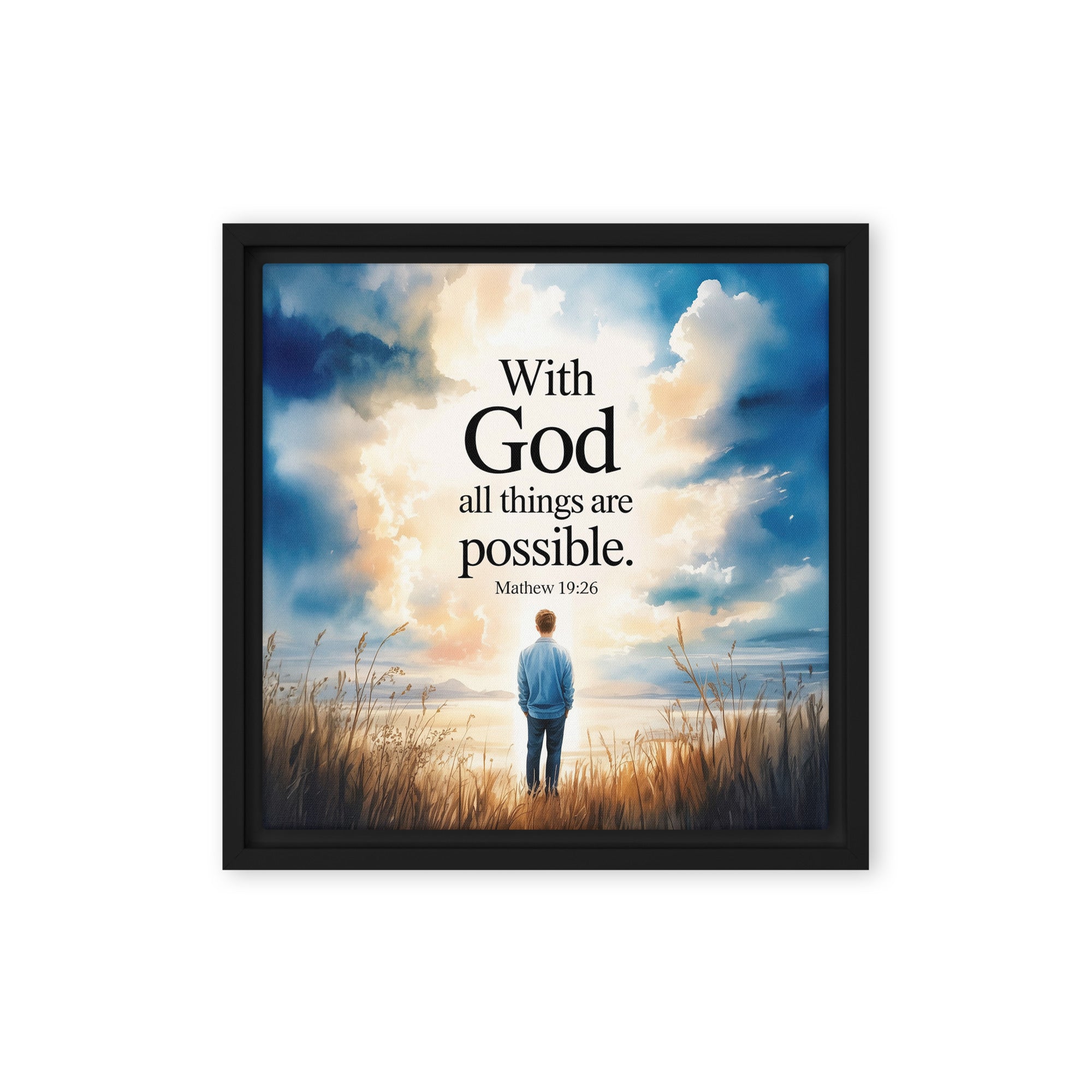 Matthew 19:26 Bible Verse Jesus Framed Canvas Black 12″×12″