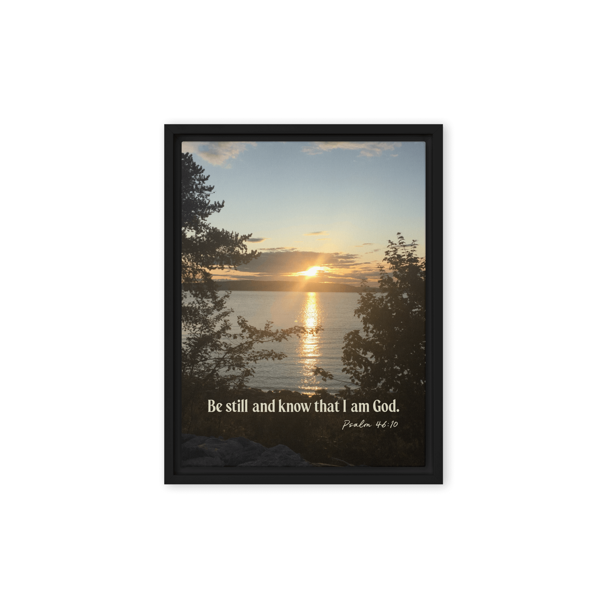 Psalm 46:10 Bible Verse, Sunset Glory Framed Canvas Print Wall Art Black 12″×16″