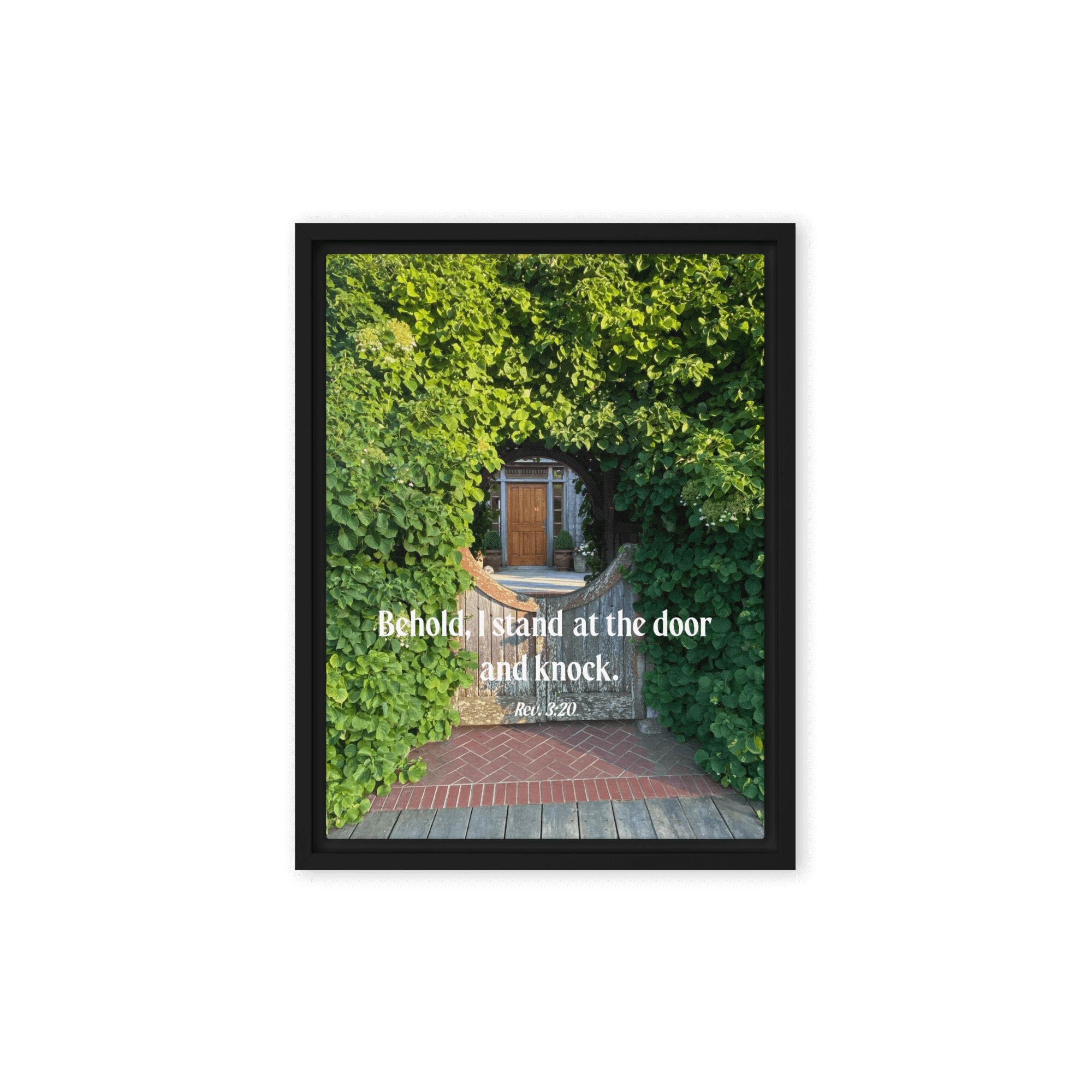 Revelation 3:20 Bible Verse, Garden Doorway Framed Canvas Print Wall Art Black 12″×16″