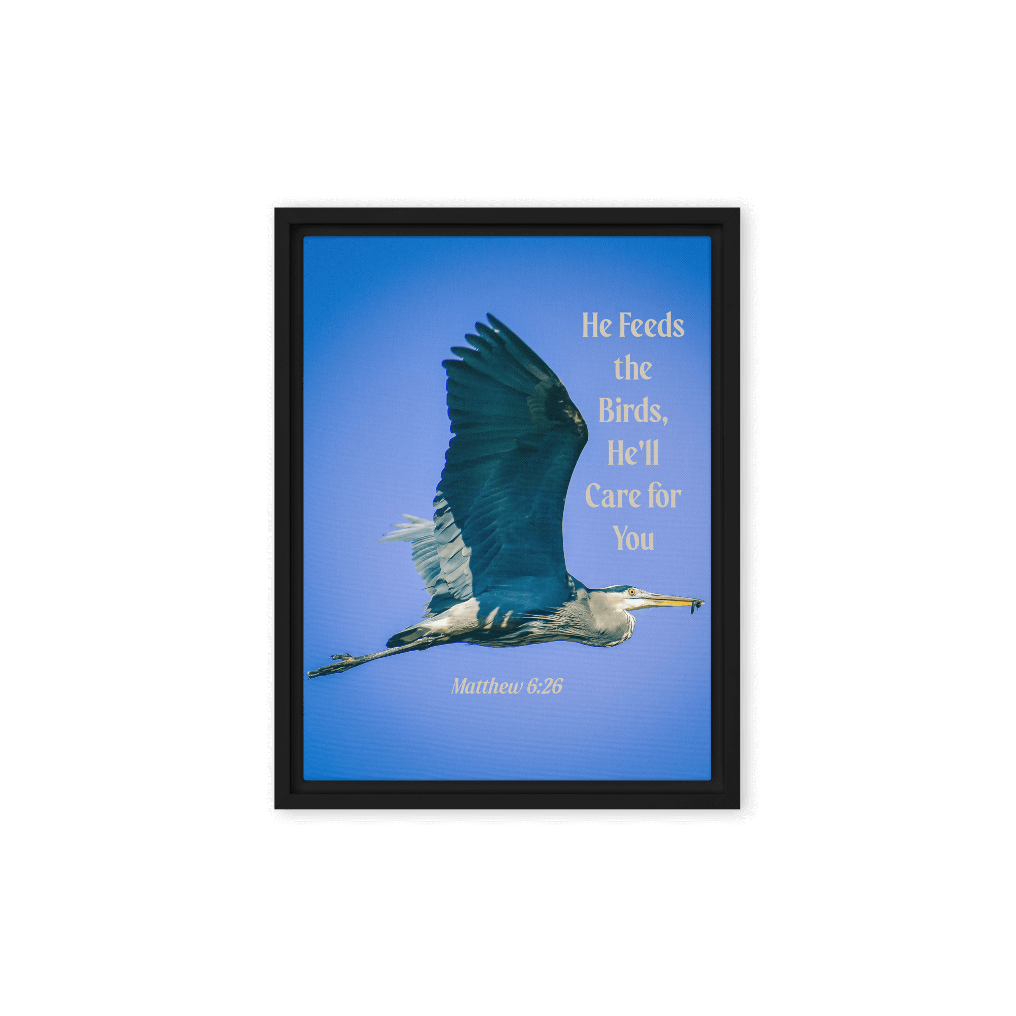 Matthew 6:26 Graceful Heron, He'll Care for You Framed Canvas Print Wall Art Black 12″×16″