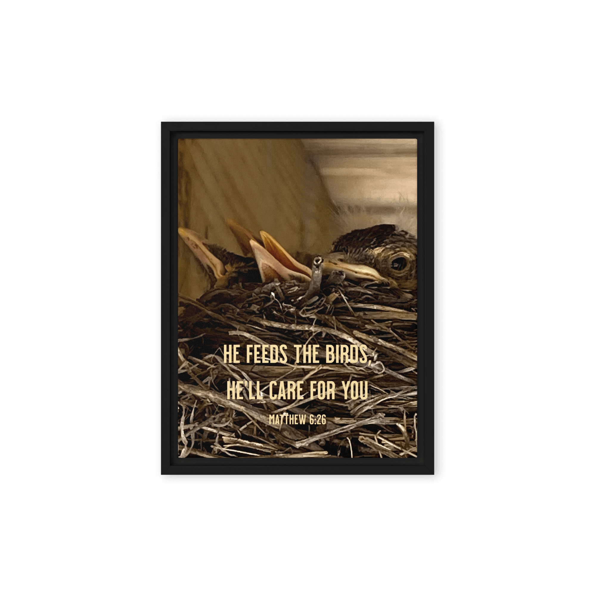 Matthew 6:26 Baby Robins, He'll Care for You Framed Canvas Print Wall Art Black 12″×16″