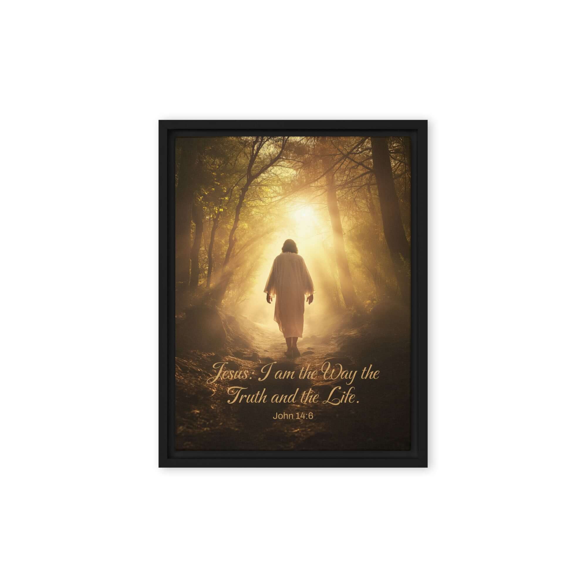 John 14:6 Bible Verse, Forest Image Framed Canvas Print Wall Art Black 12″×16″