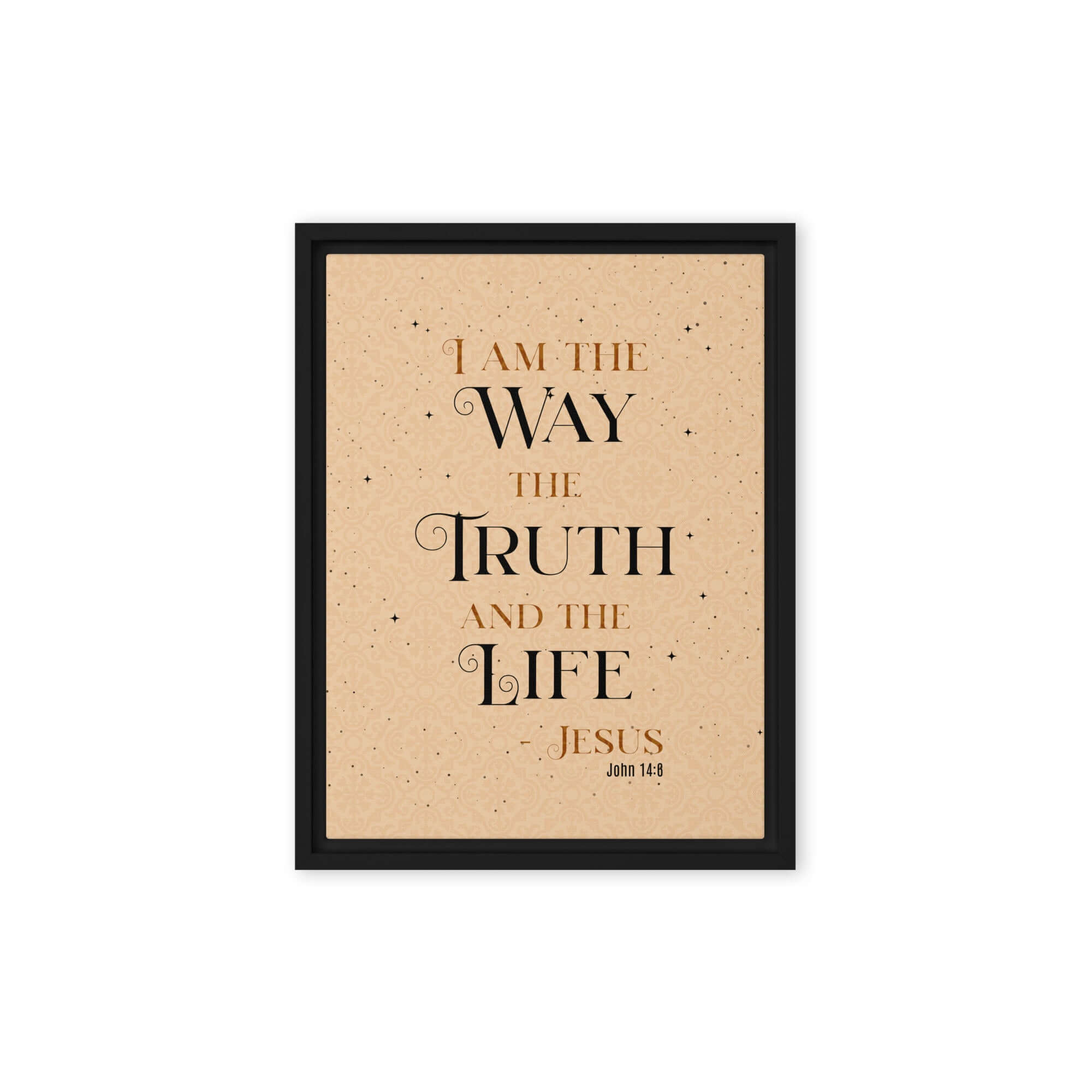 John 14:6 Bible Verse, Color Text Brown Background Framed Canvas Print Wall Art Black 12″×16″