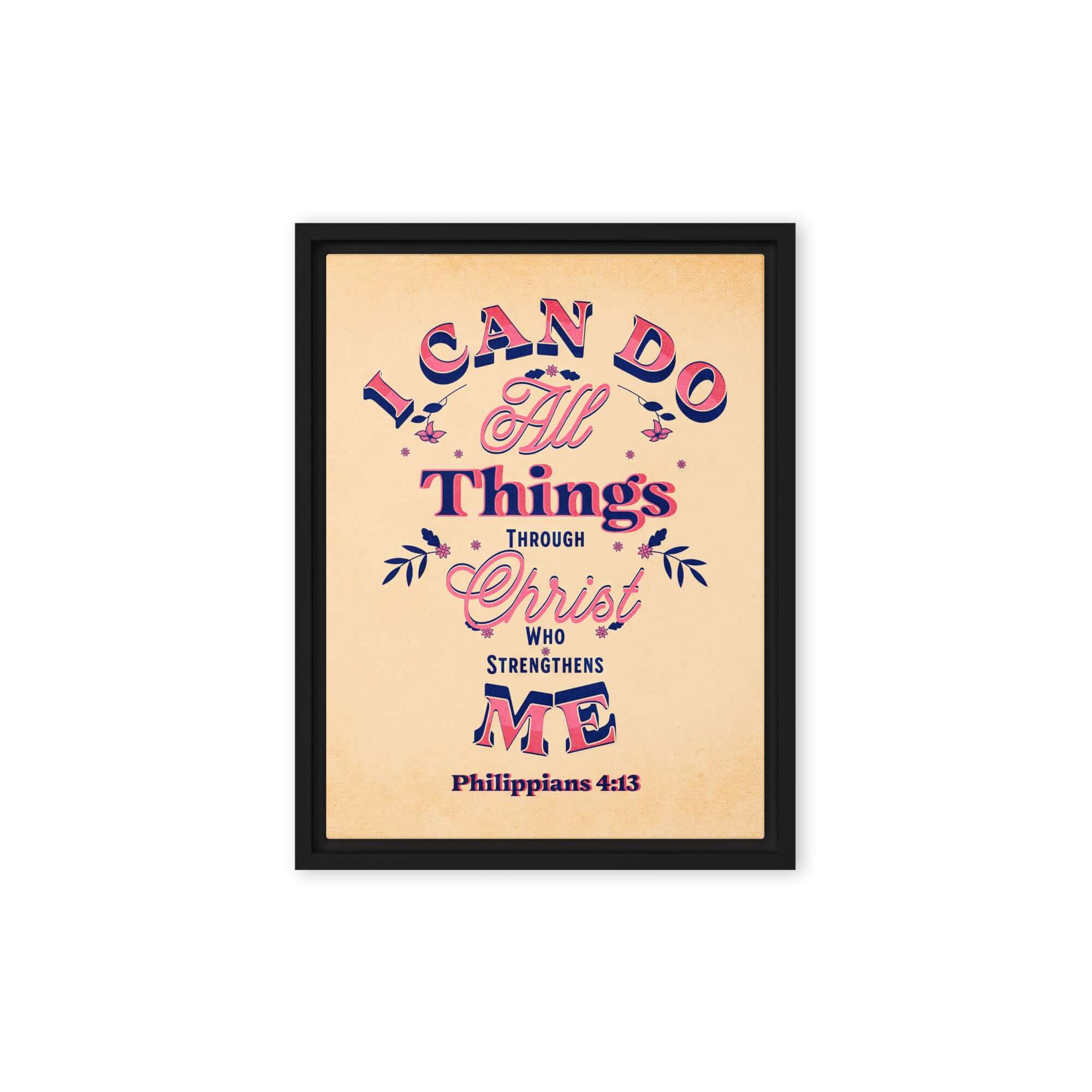 Philippians 4:13 Bible Verse, Christ Strengthens Me Framed Canvas Print Wall Art Black 12″×16″