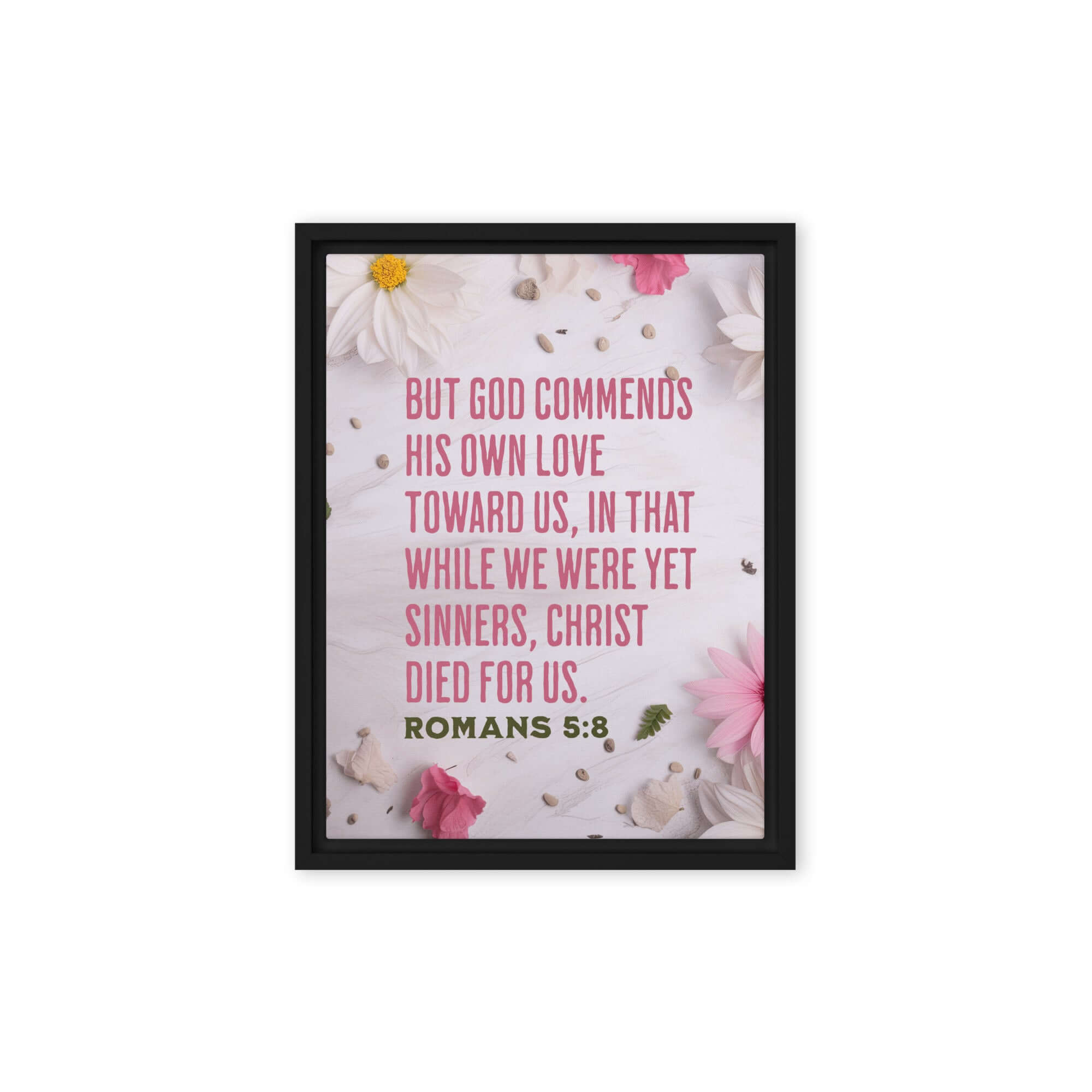 Romans 5:8 Bible Verse, Christ Died for Us Framed Canvas Print Wall Art Black 12″×16″