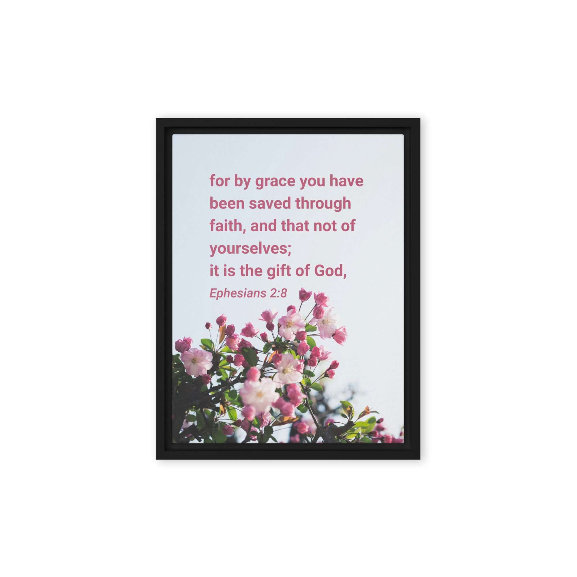 Ephesians 2:8 Bible Verse, saved through faith Framed Canvas Print Wall Art Black 12″×16″