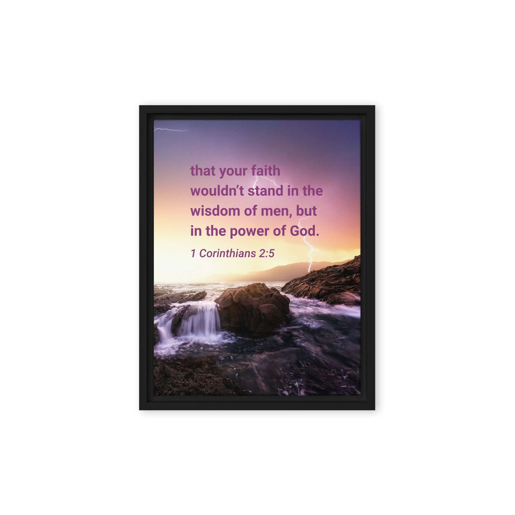 1 Corinthians 2:5 Bible Verse, power of God Framed Canvas Print Wall Art Black 12″×16″