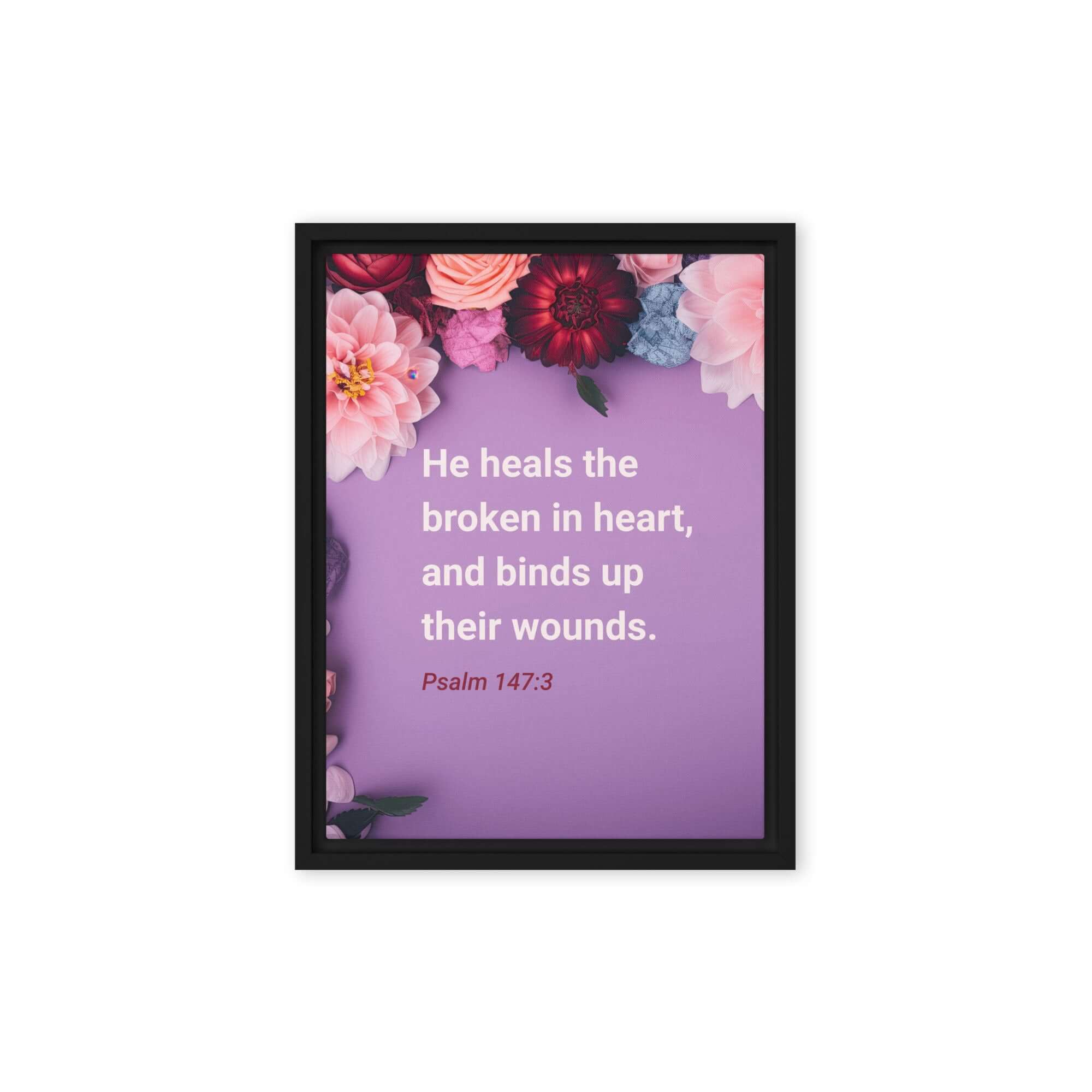 Psalm 147:3 Bible Verse, He heals the broken Framed Canvas Print Wall Art Black 12″×16″