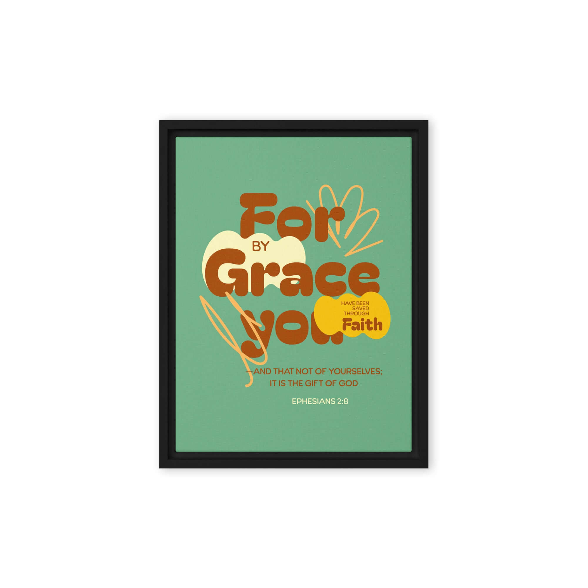 Ephesians 2:8 Bible Verse, for by grace Framed Canvas Print Wall Art Black 12″×16″