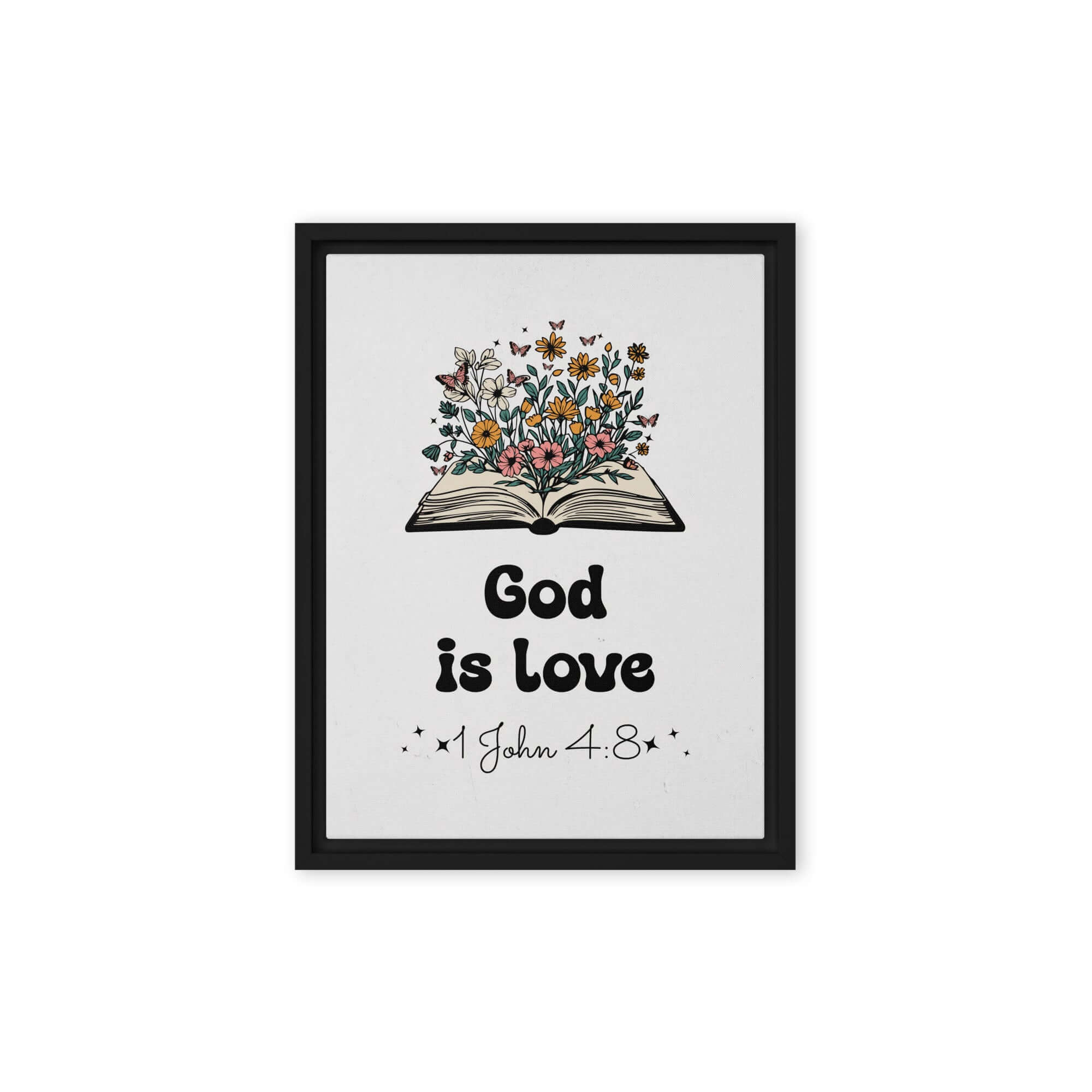 1 John 4:8 Bible Verse, God is Love Framed Canvas Print Wall Art Black 12″×16″