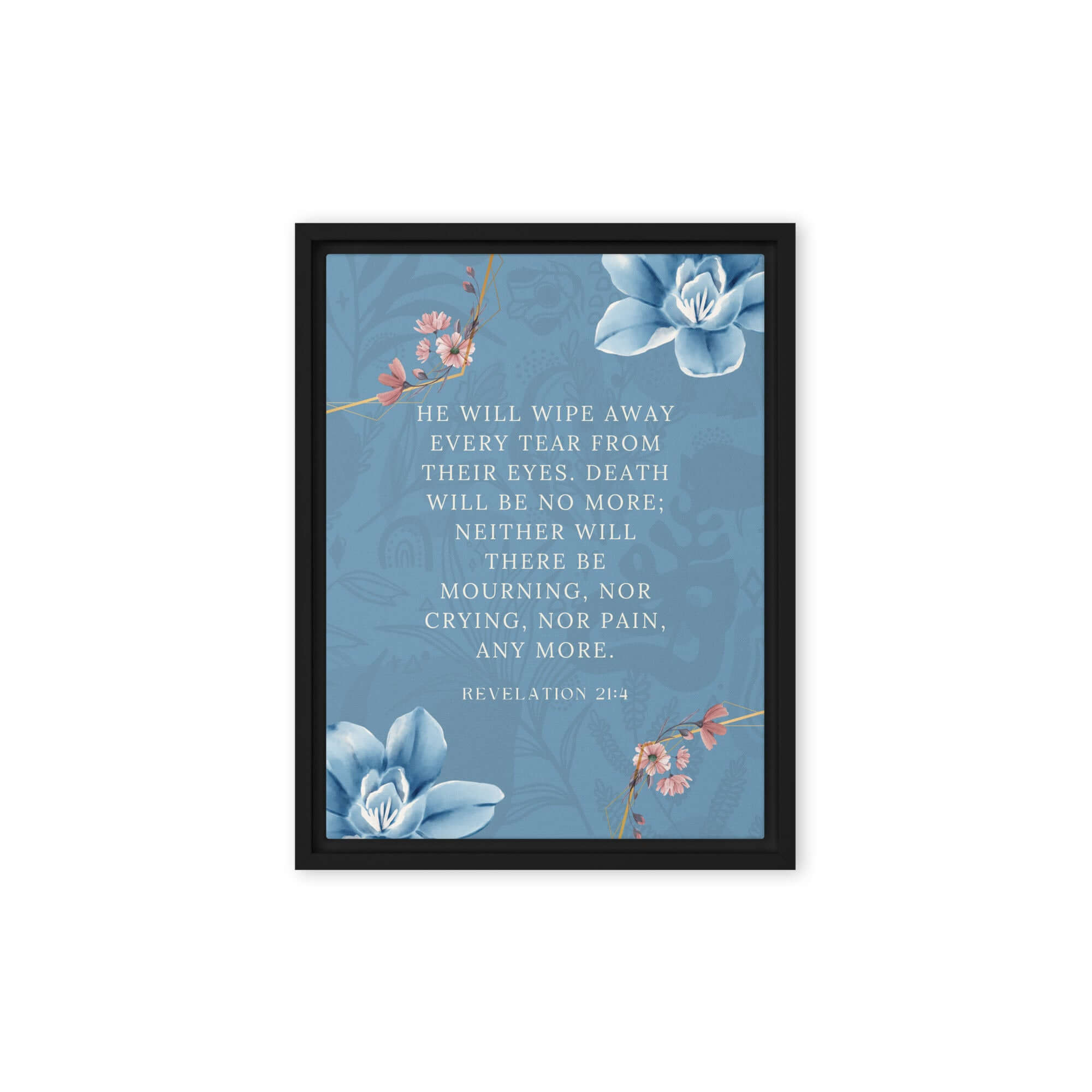 Revelation 21:4 Bible Verse, every tear Framed Canvas Print Wall Art Black 12″×16″