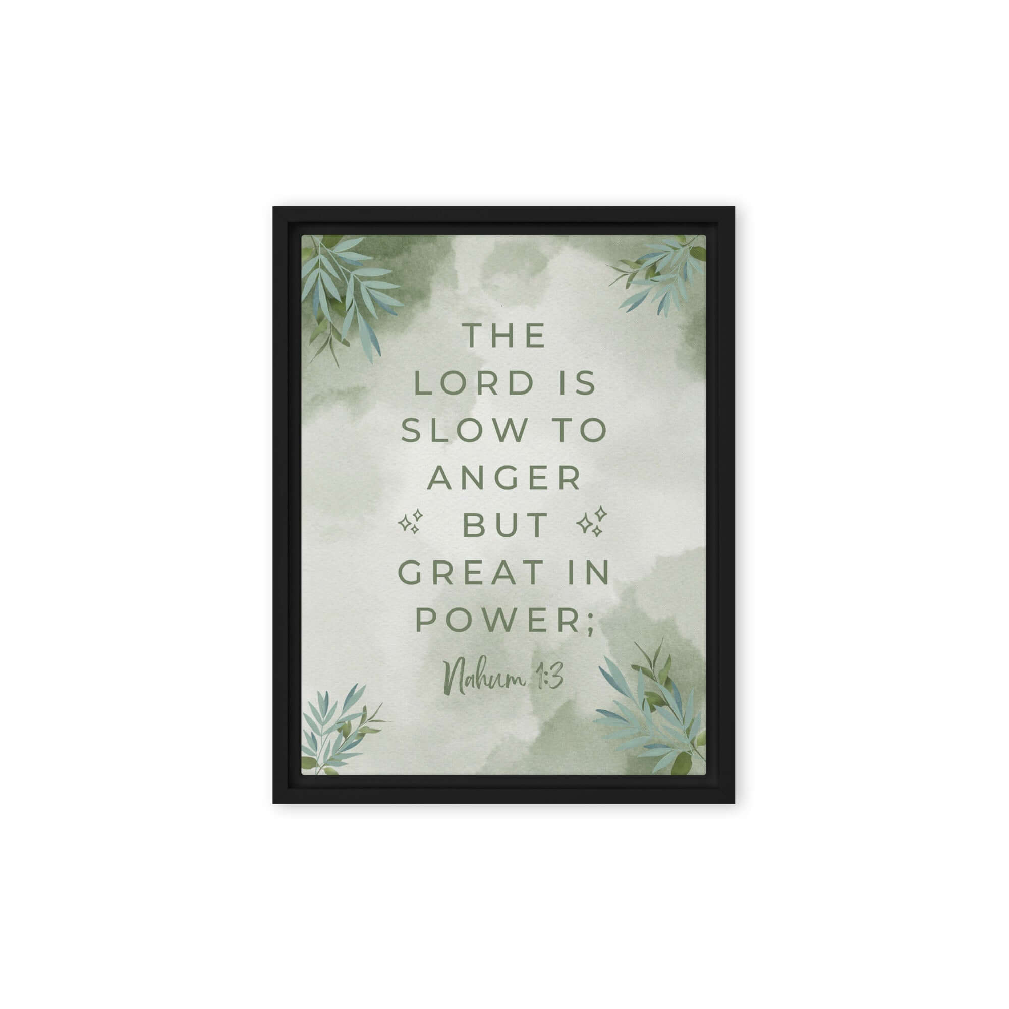 Nahum 1:3 Bible Verse, The Lord is slow Framed Canvas Print Wall Art Black 12″×16″