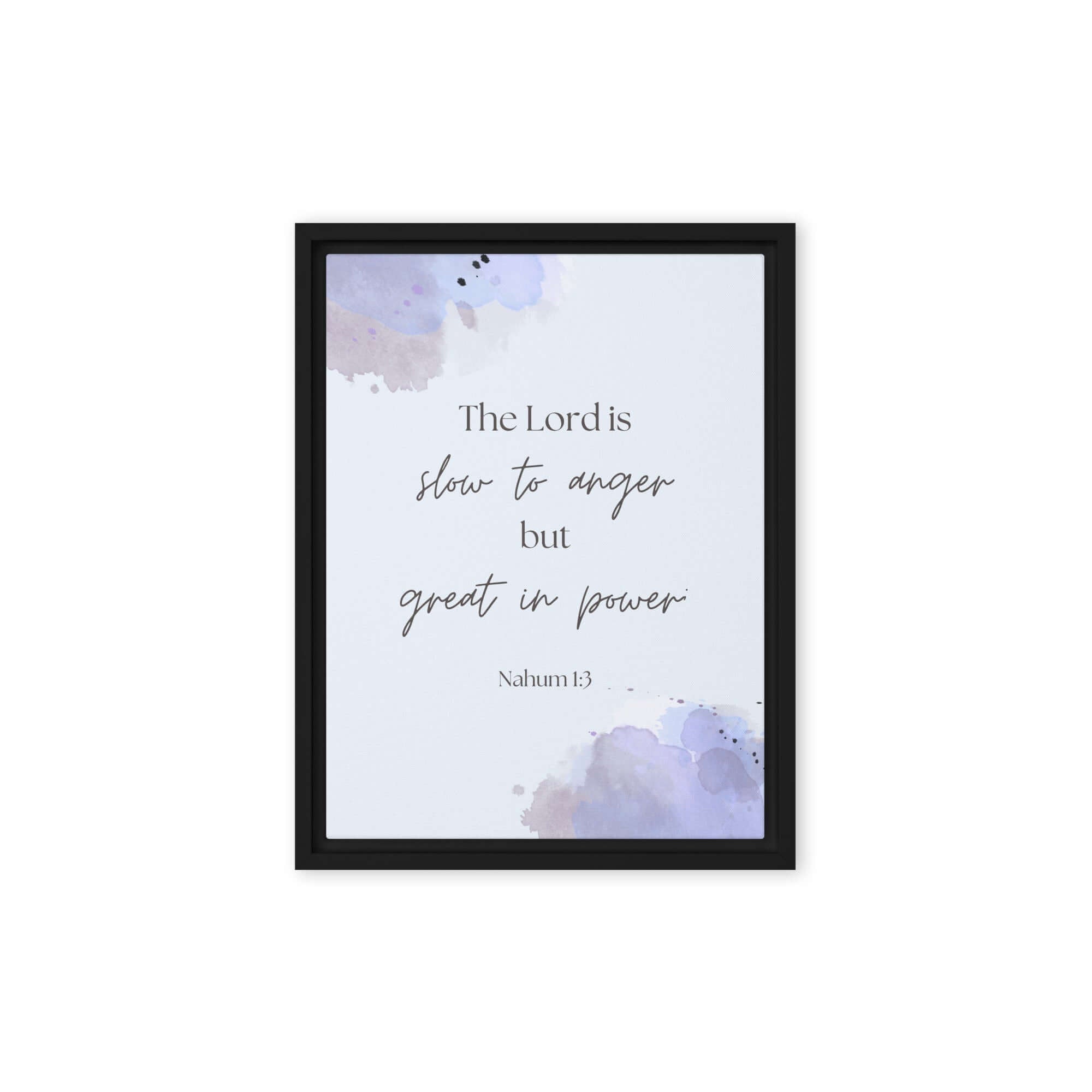 Nahum 1:3 Bible Verse, great in power Framed Canvas Print Wall Art Black 12″×16″