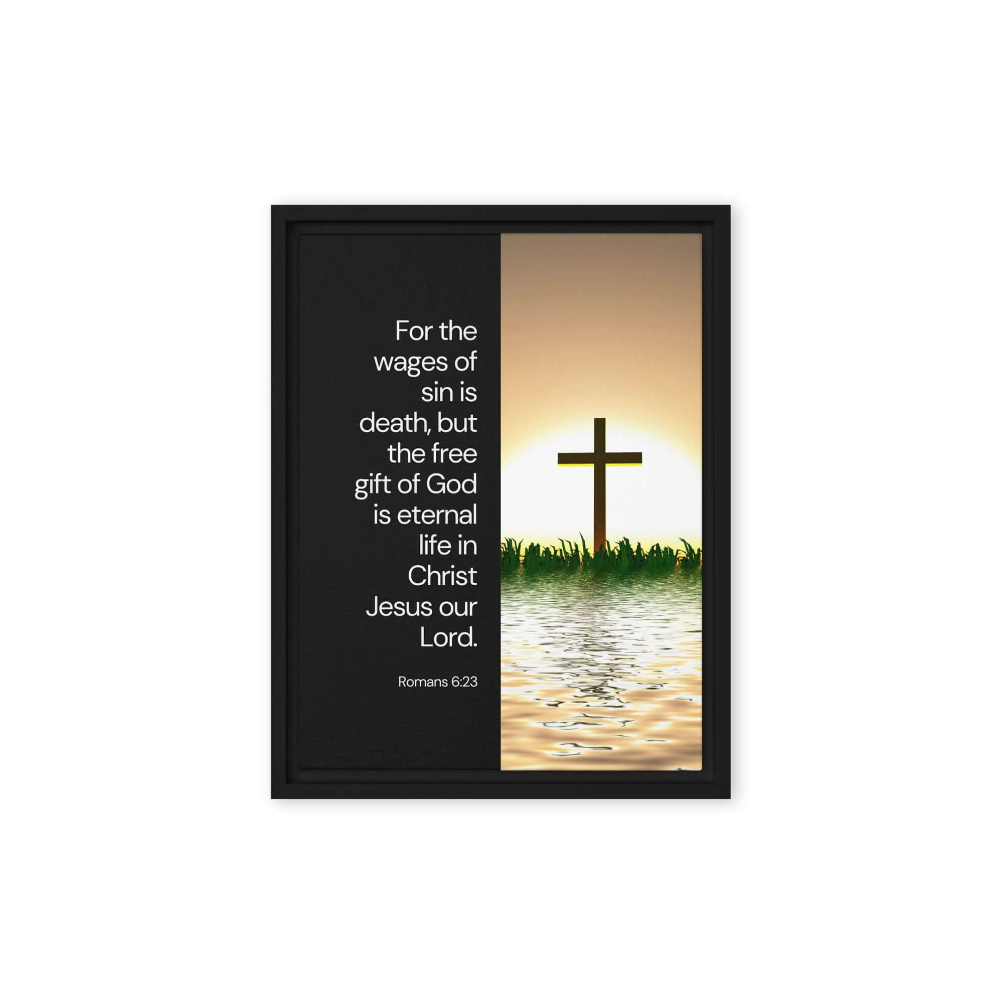 Romans 6:23 Bible Verse, the wages Framed Canvas Print Wall Art Black 12″×16″