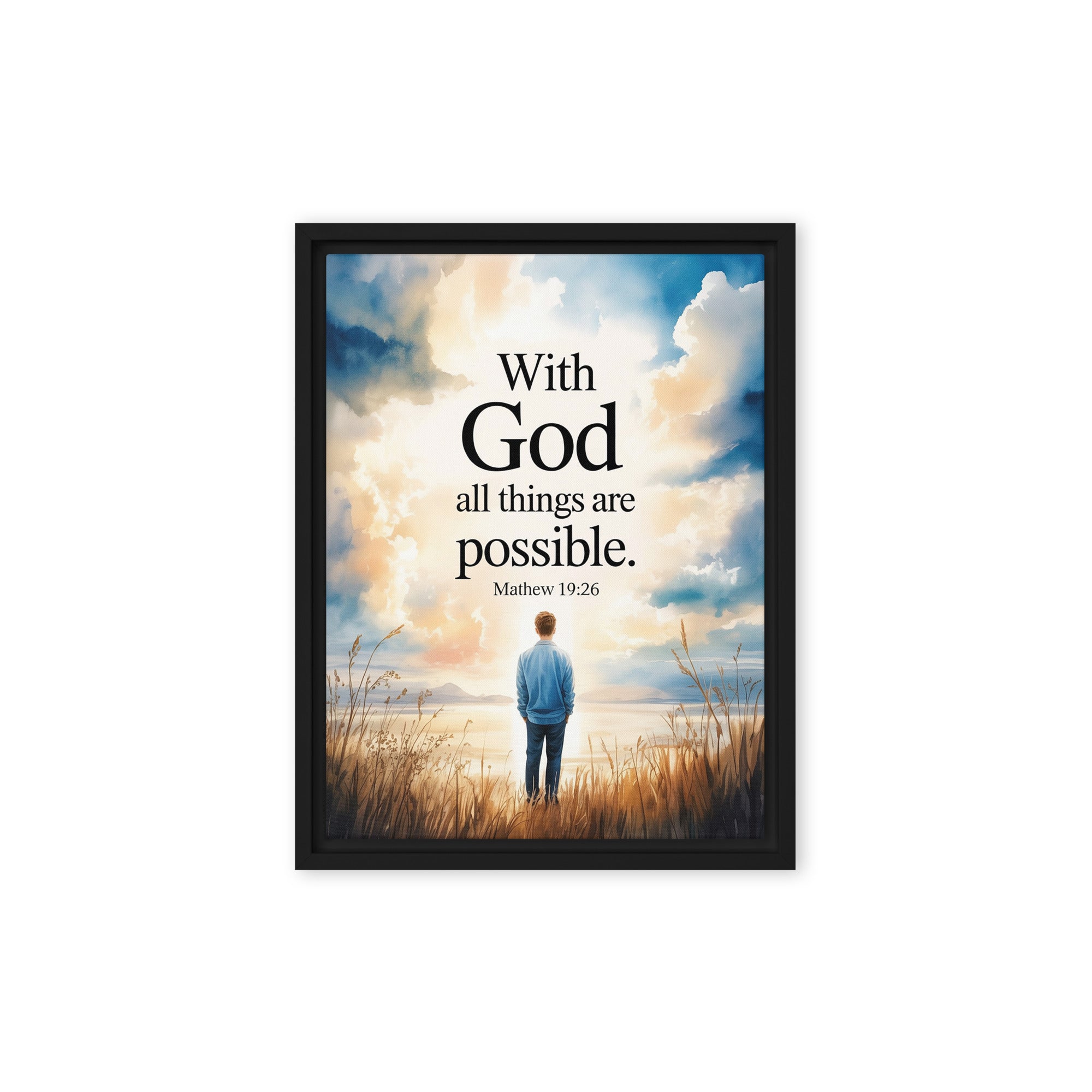 Matthew 19:26 Bible Verse Jesus Framed Canvas Black 12″×16″