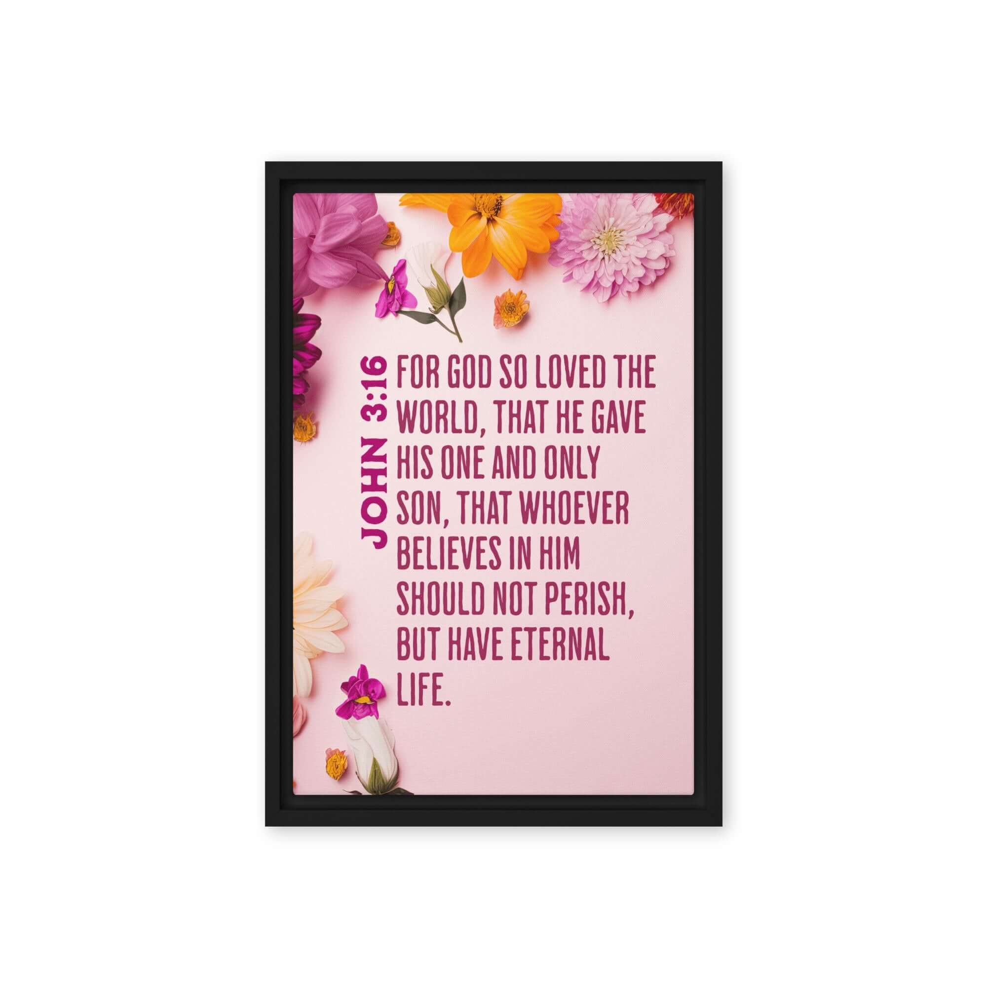 John 3:16 Bible Verse, For God So Loved Framed Canvas Print Wall Art Black 12″×18″