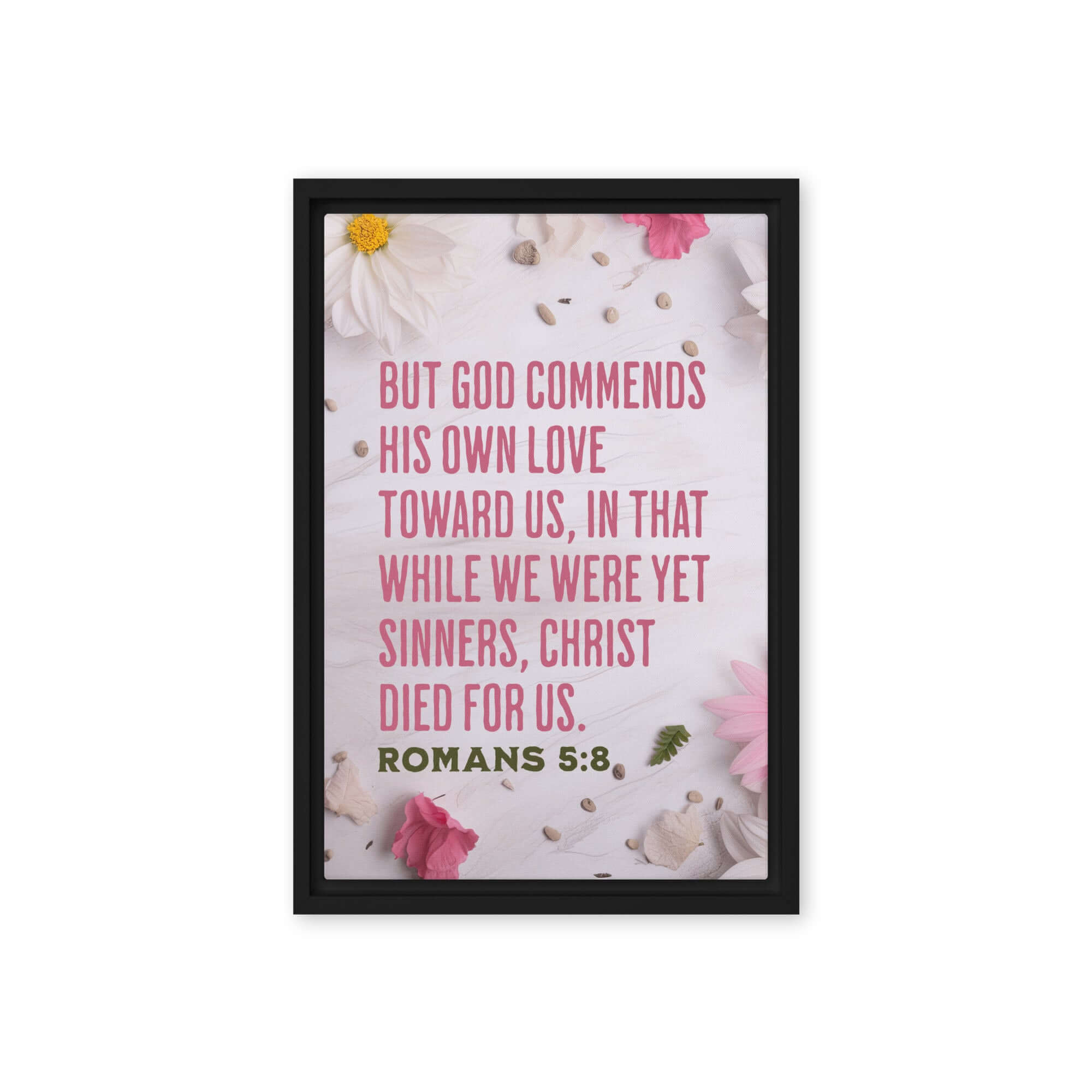 Romans 5:8 Bible Verse, Christ Died for Us Framed Canvas Print Wall Art Black 12″×18″