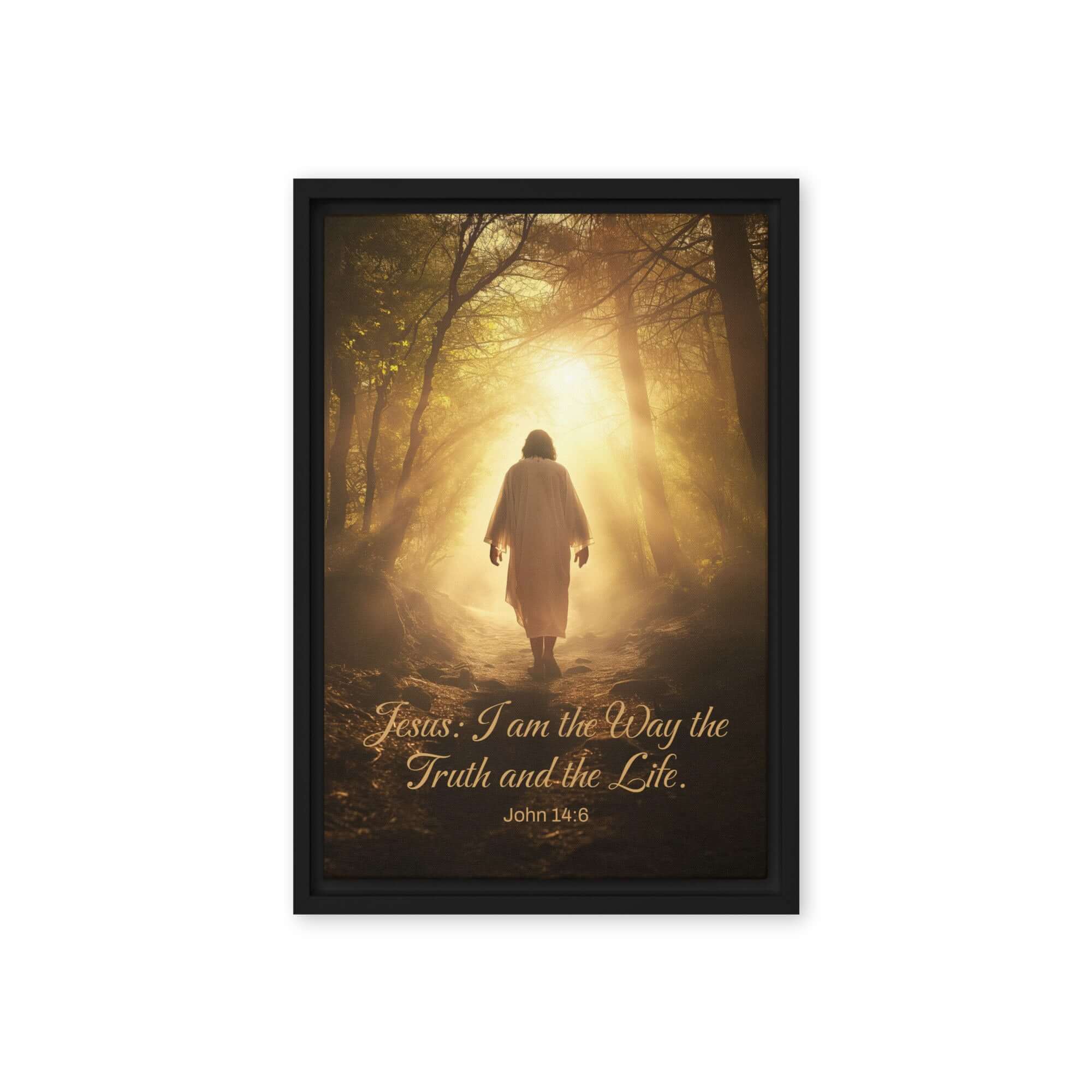 John 14:6 Bible Verse, Forest Image Framed Canvas Print Wall Art Black 12″×18″