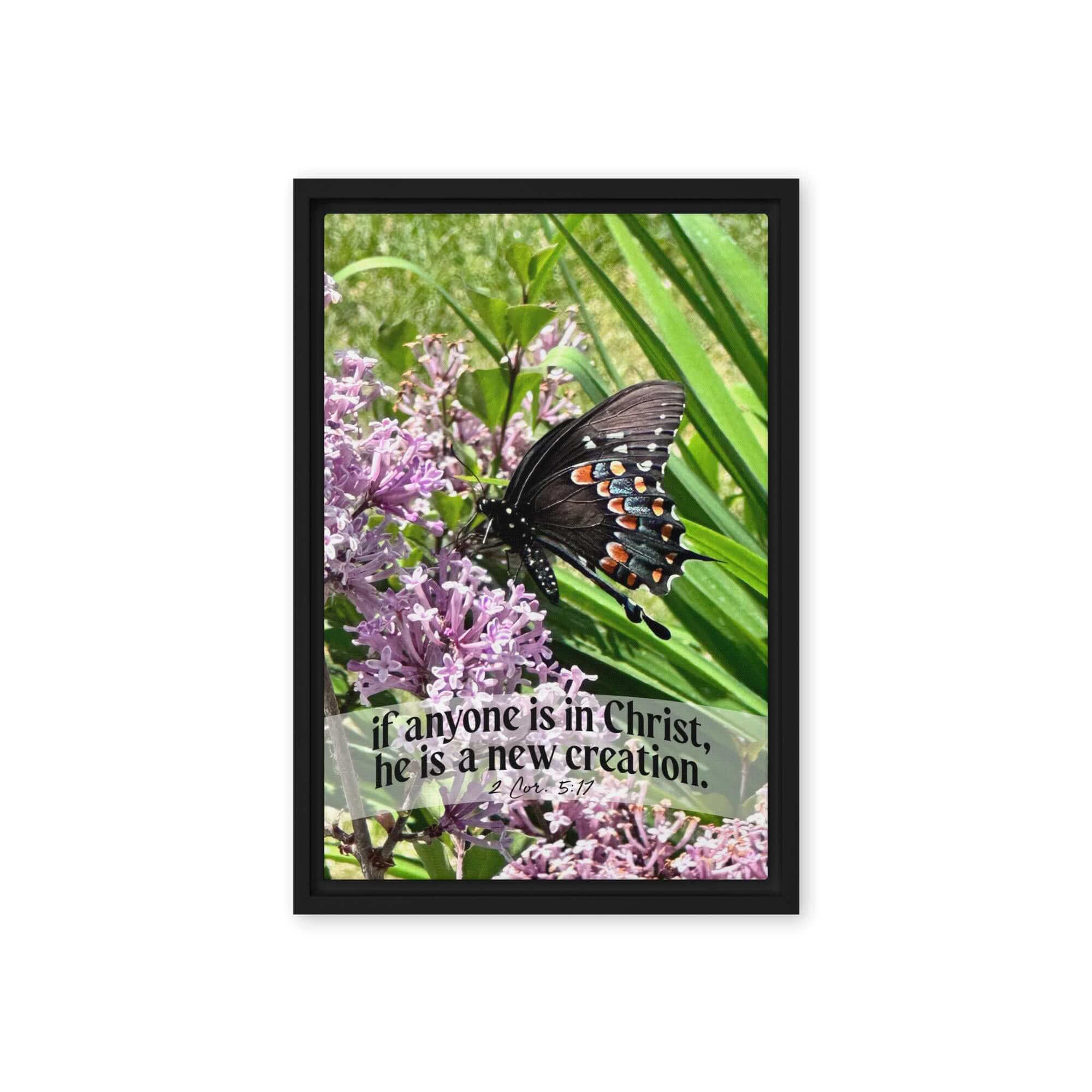 2 Corinthians 5:17 Bible Verse, Butterfly Framed Canvas Print Wall Art Black 12″×18″