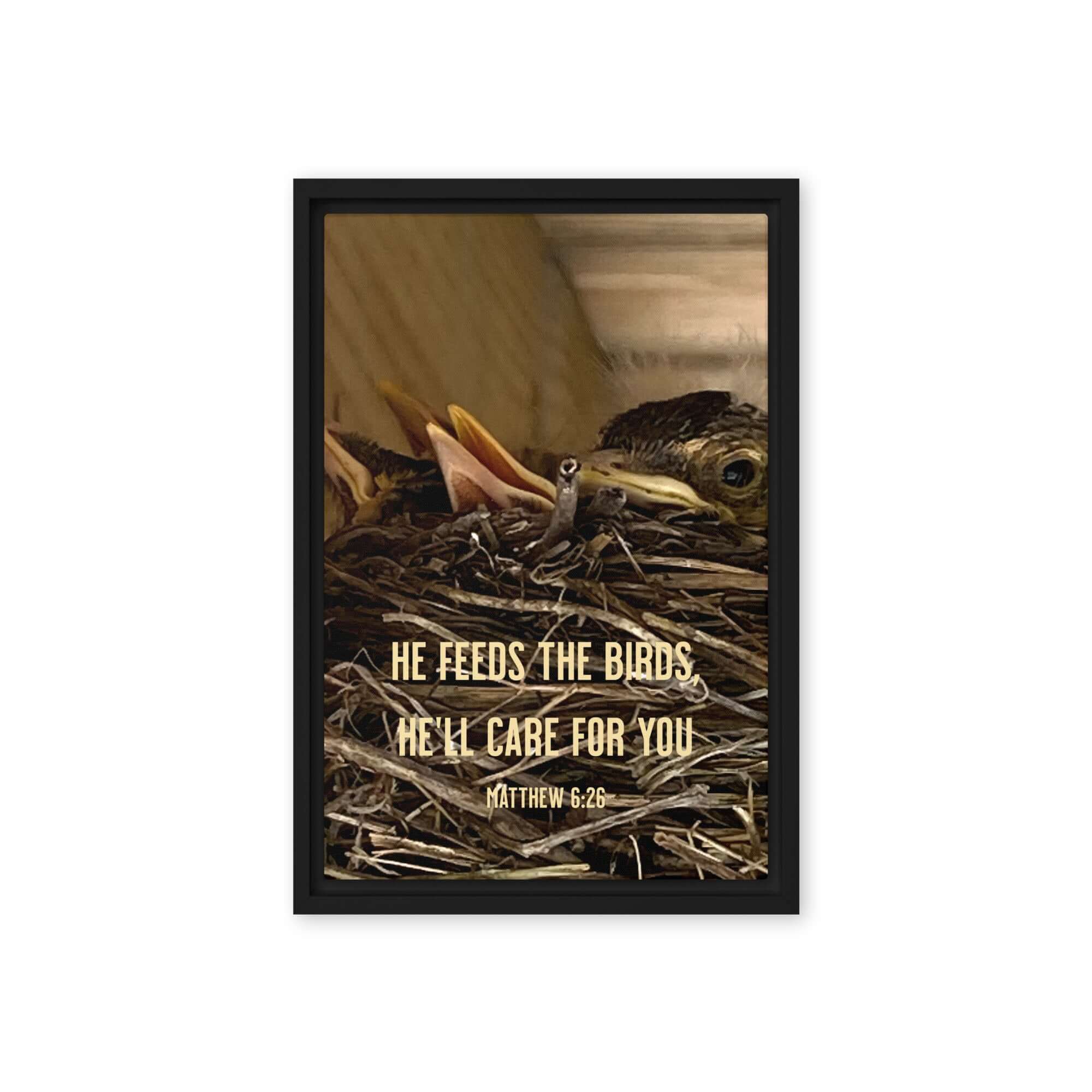 Matthew 6:26 Baby Robins, He'll Care for You Framed Canvas Print Wall Art Black 12″×18″